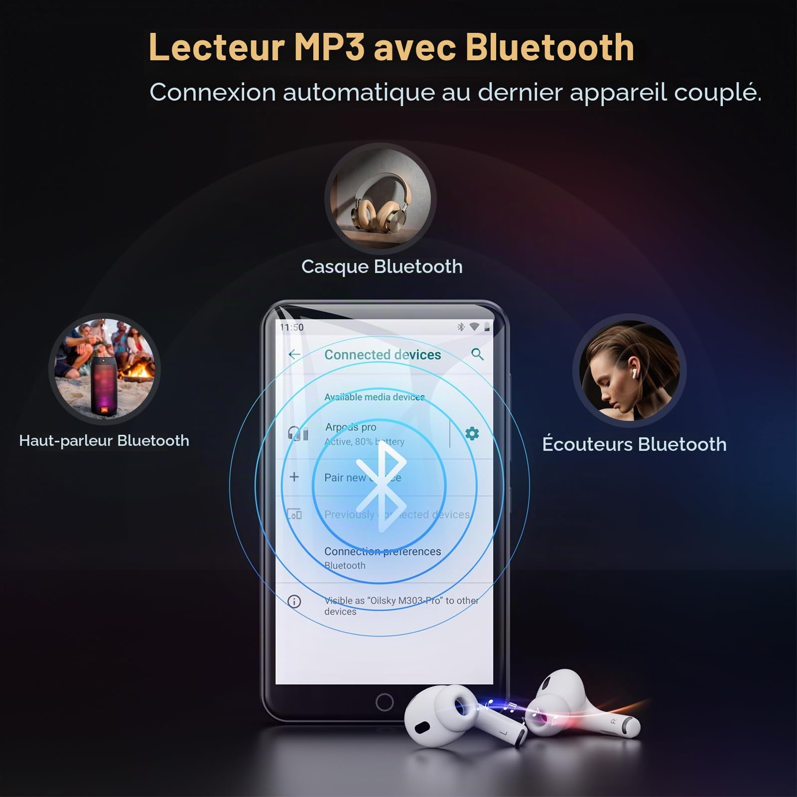 Lecteur MP3 avec Bluetooth et WiFi, Oilsky 80GB 4'' Android 9.0 Lecteur de Musique, MP4 à écran Tactile 1080P, Mp3 Portable avec Spotify, Audible, Deezer (Noir)
