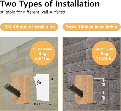 Miniatura 3 de Ganchos de madera para abrigos, paquete de 4 ganchos de pared de madera de haya a prueba de óxido, ganchos adhesivos para colgar abrigos, bolsas,