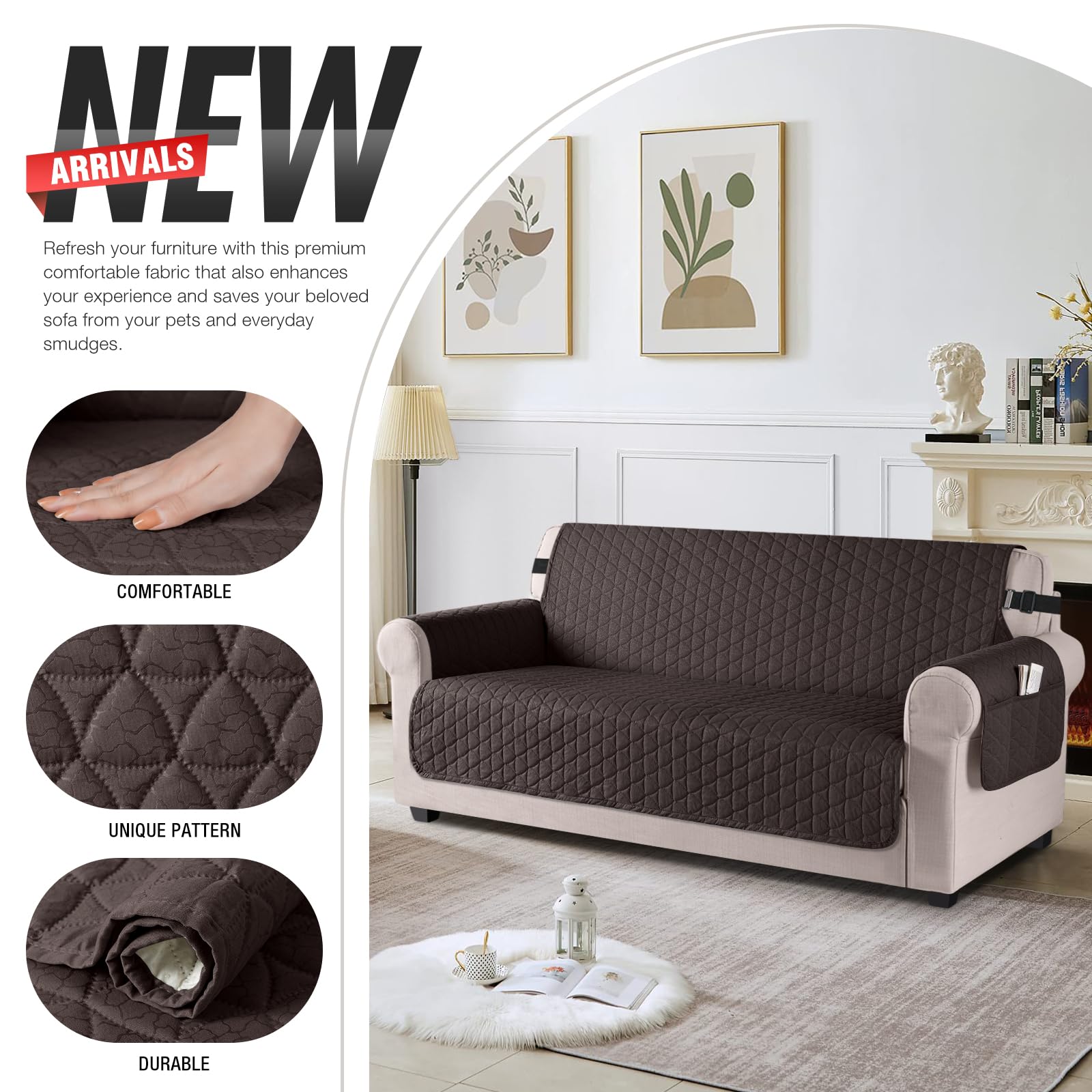 TAOCOCO 100% Waterproof Couch Cover Sofa Slipcover with Non-Slip Granule, Sofa Covers with Elastic Band, Anti-Skid Washable Furniture Protector Sofa Covers for 3 Cushion Couch(Sofa, Chocolate)