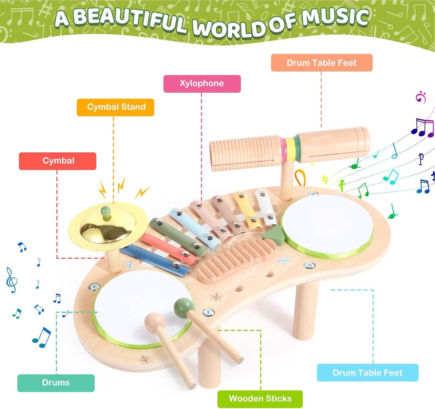 Kids Drum Set - 850g Wooden Xylophone Instrument Set | 7-in-1 Wood Kids Xylophone | Percussion Instrument Toy for Boys Girls Preschool Daycare Kindergarten School Homeschooling Home Playrooms