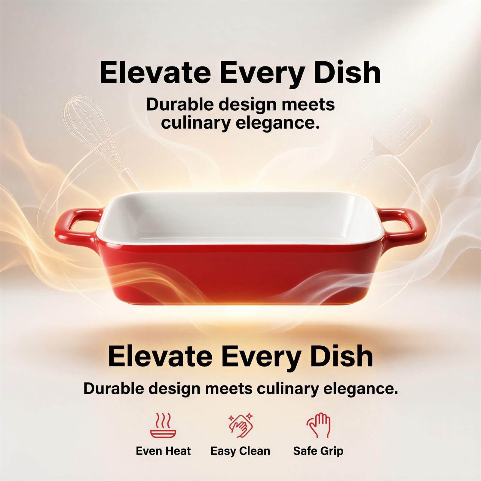 Plat de cuisson en céramique 15,2 oz avec doubles poignées, plat à lasagnes style nordique pour rôtir, plat à gratin pour micro-ondes, four et lave-vaisselle, rouge, 8,6 x 6,3 x 1,9 in