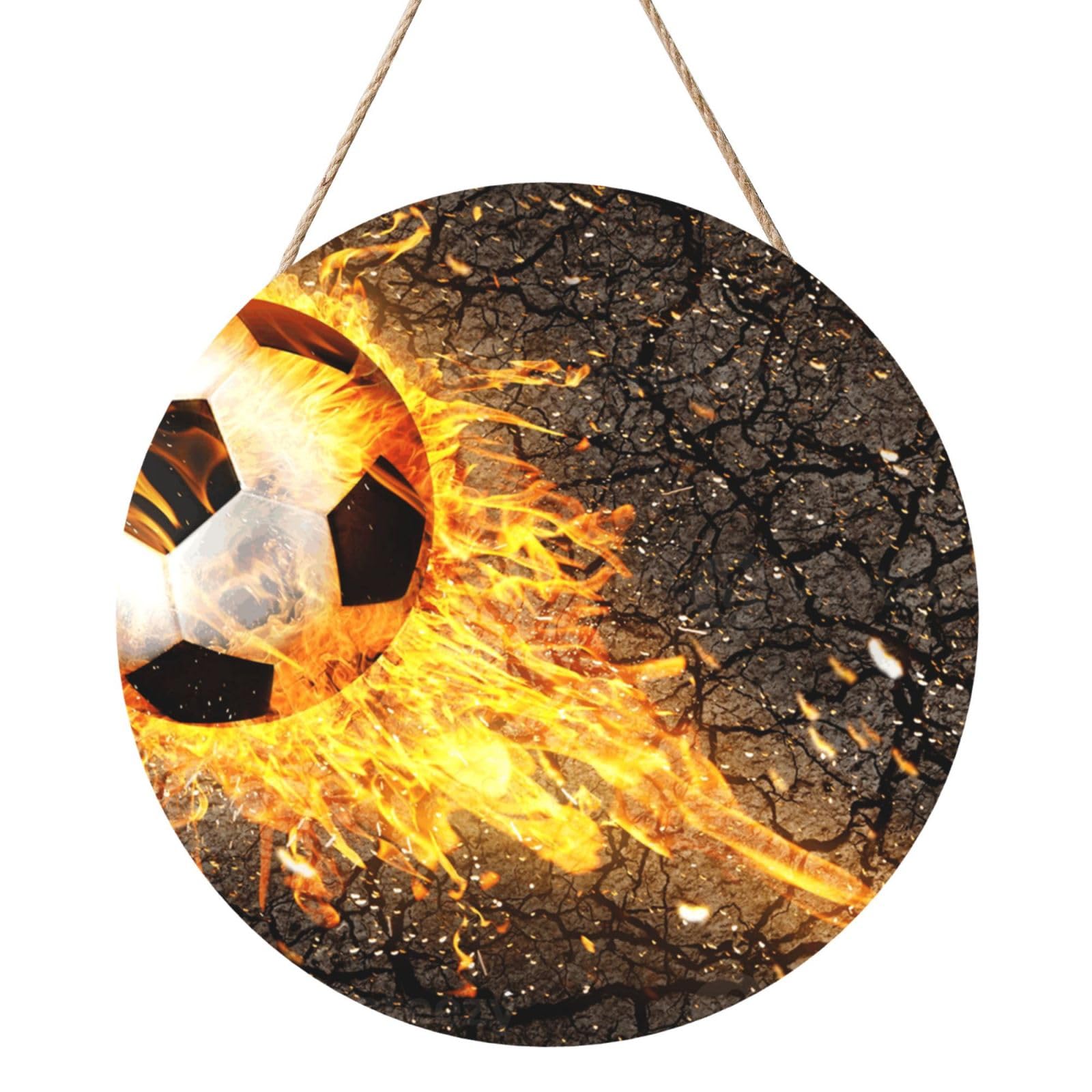 InOmak Soccer Ball In Burning Fire Flames, Round Wood Panel Painting 12 in, Wall Hanging Painting For Home
