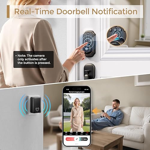 Miniatura 6 de Cerradura inteligente de video WiFi con cámara y timbre - entrada sin llave 5 en 1, huella digital, teclado, control de aplicaciones, audio