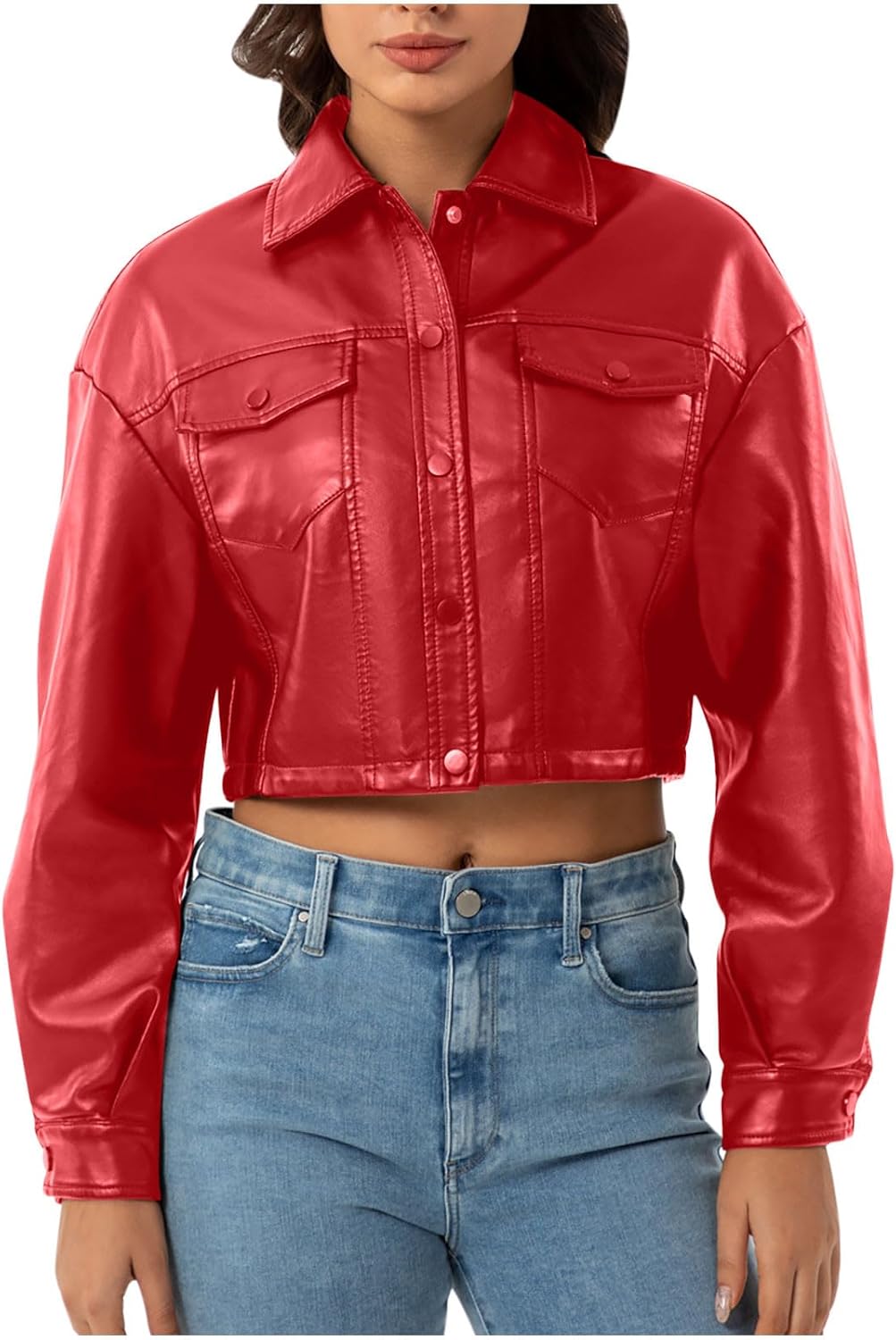 Women's Faux Leather Motorcycle Jacket Trendy Fall Clothes Oversized Long Sleeve Button Lapel Cropped Coat Outerwear