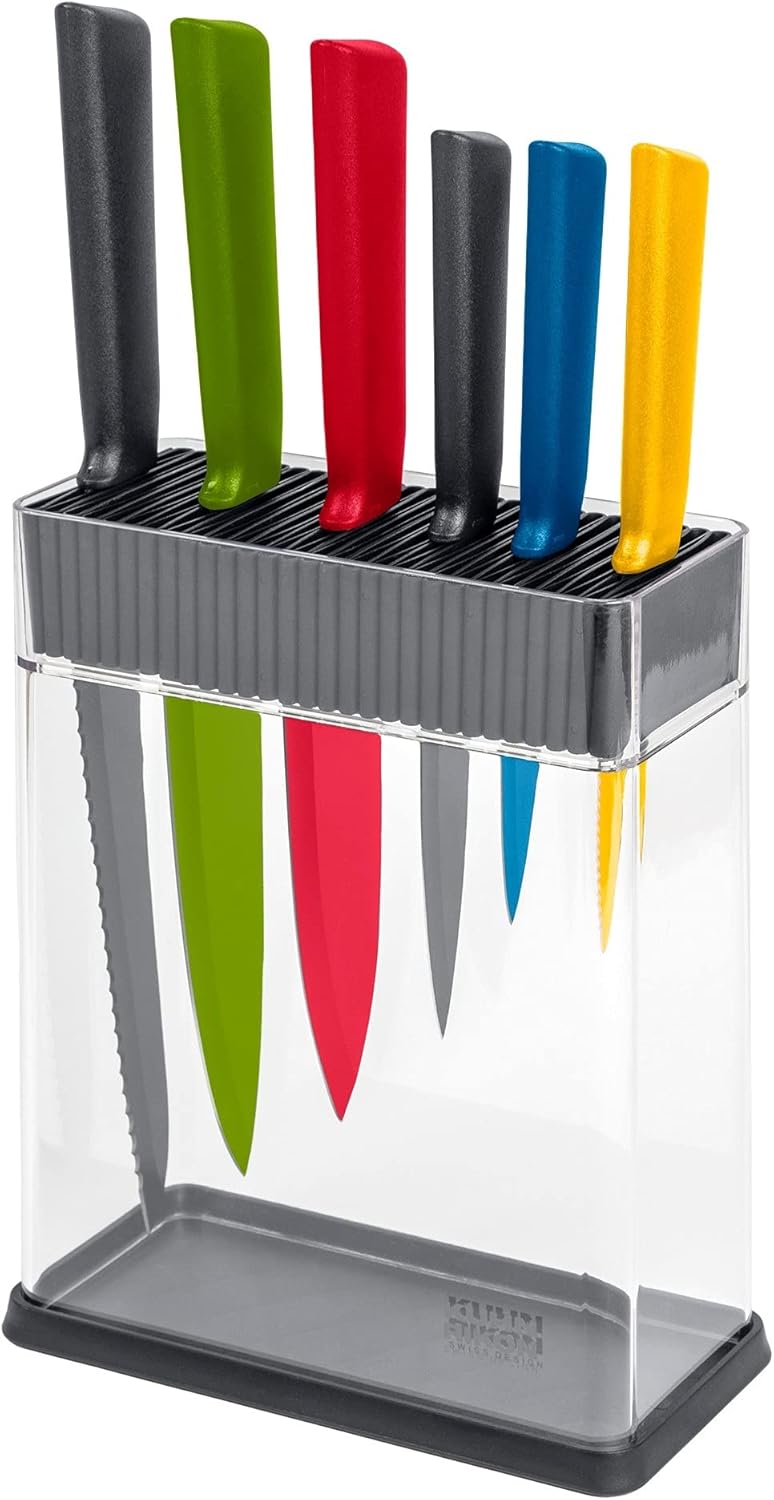 KUHN RIKON COLORI+ Messerblock Vision mit Messer, inkl. 7 Stk. unterschiedlichen, farbigen Messer, Grau, Transparent