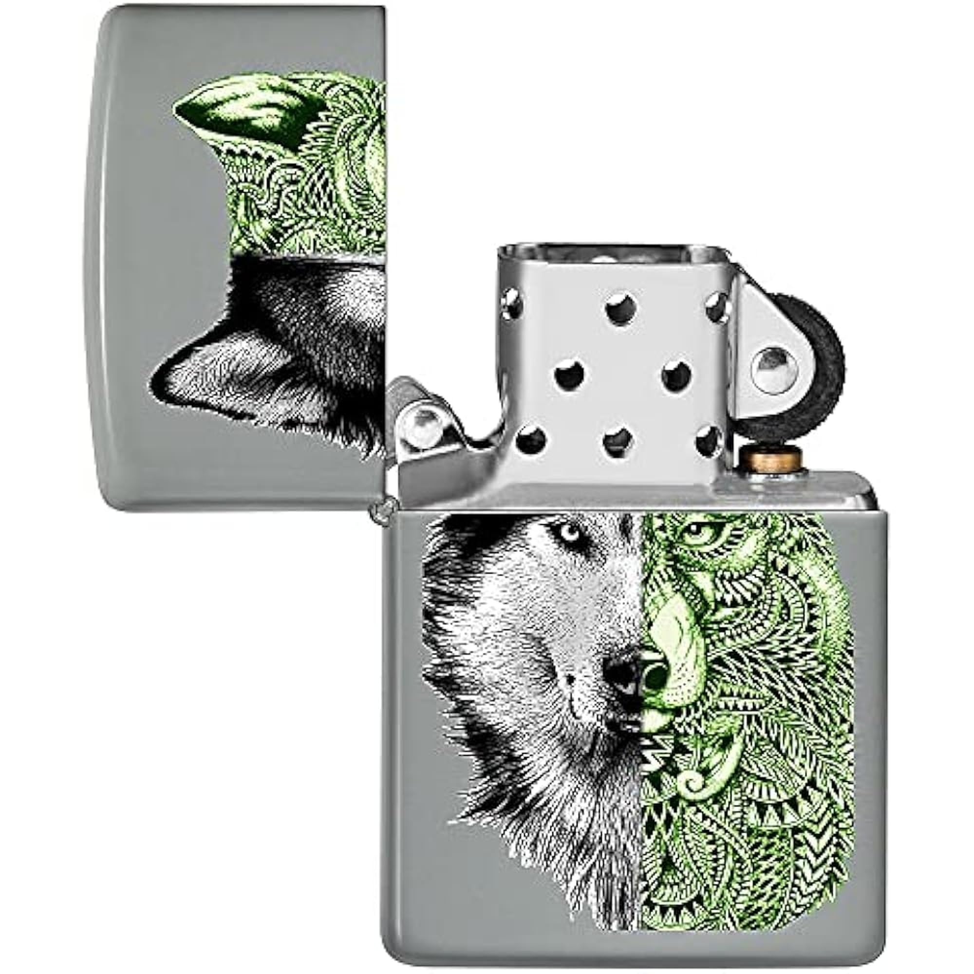 Zippo Briquet Tempête - Modèle Tattoo Wolf avec Color Image - Finition Grise Mate - Rechargeable - Réutilisable - Design Coupe-Vent - Coffret Cadeau - Fabriqué aux États-Unis