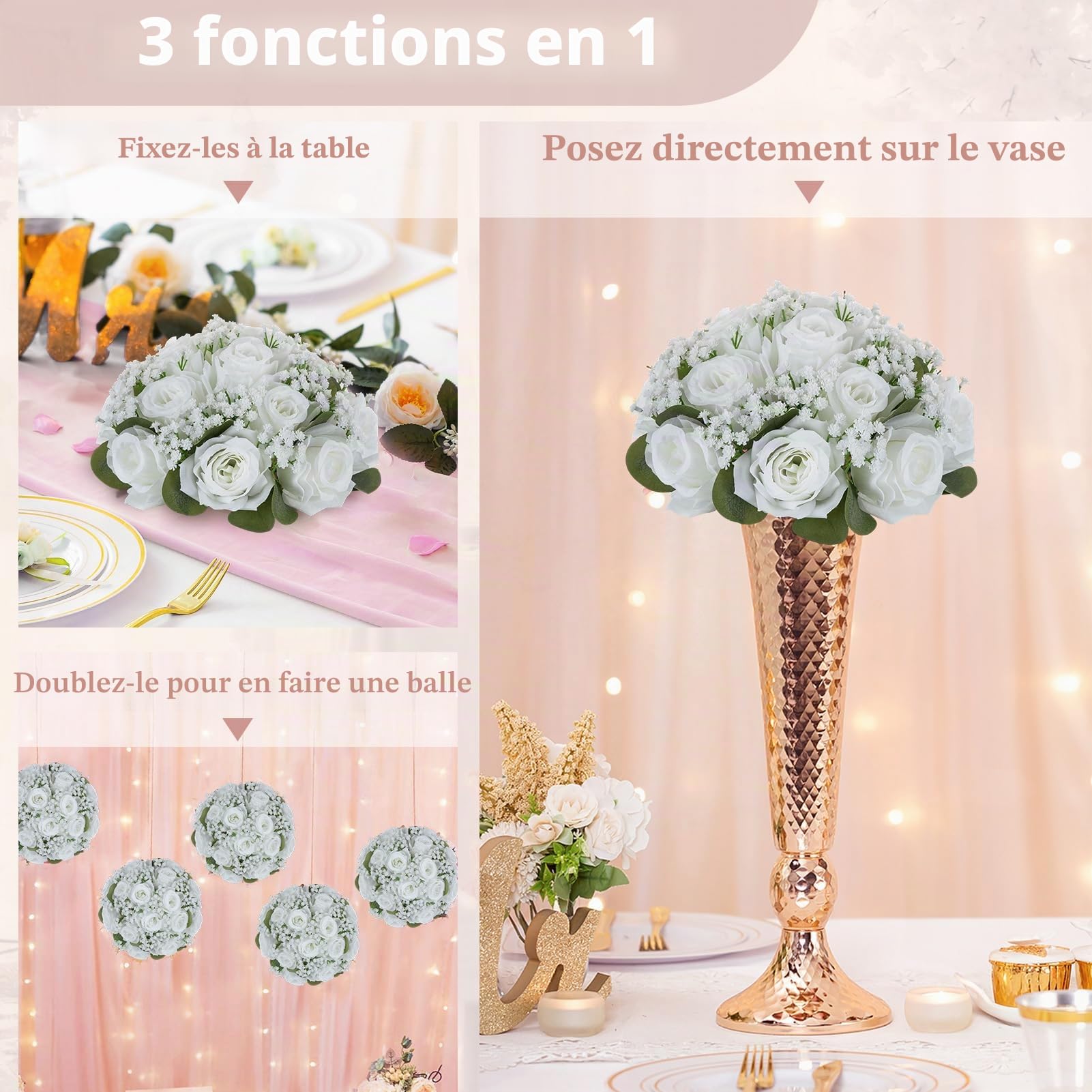 NUPTIO Fleurs Centre de Table Mariage: 10 Pièces 22cm Diamètre Blanche Boule Fleur Artificielle pour Fete Decoration - Composition Gypsophile Fausse Fleur Rose pour Anniversaire