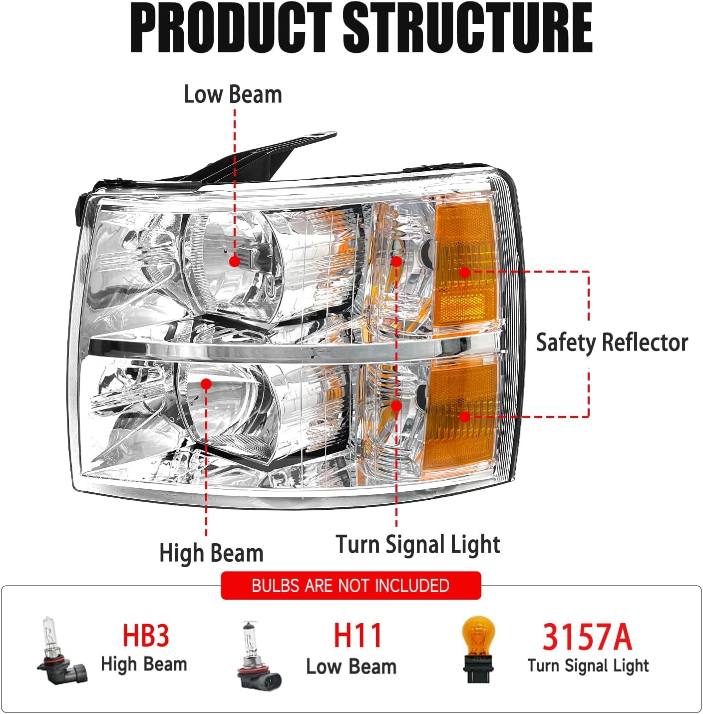 AS Headlight Assembly for 2007-2013 Chevy Silverado 1500/2007 2008 2009 2010 2011 2012 2013 2014 Chevy Silverado 2500HD 3500HD Chrome Housing Amber Reflector Replacement Pair