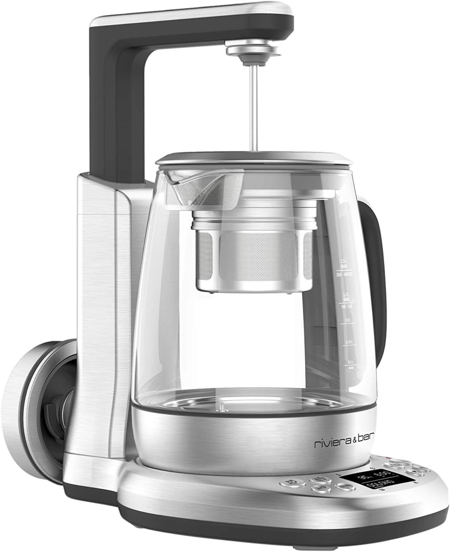 riviera&bar Théière Bouilloire CHA DAO EXPERT à Température Réglable - Verre Trempé et Inox, Mode Silencieux, Infusion Thé Optimale, Écran LCD, Programmes Personnalisables - 1,5L - Inox