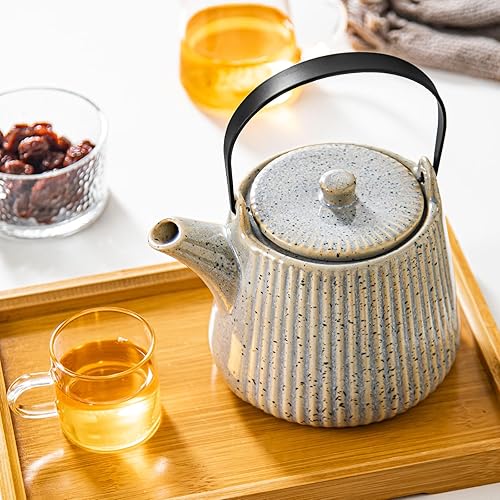 Miniatura 5 de Yundu Teteras de cerámica gris con azul, 33.8 fl oz33.8 oz, suficiente para 4 tazas, tetera con infusor para té suelto, tetera a rayas con infusor