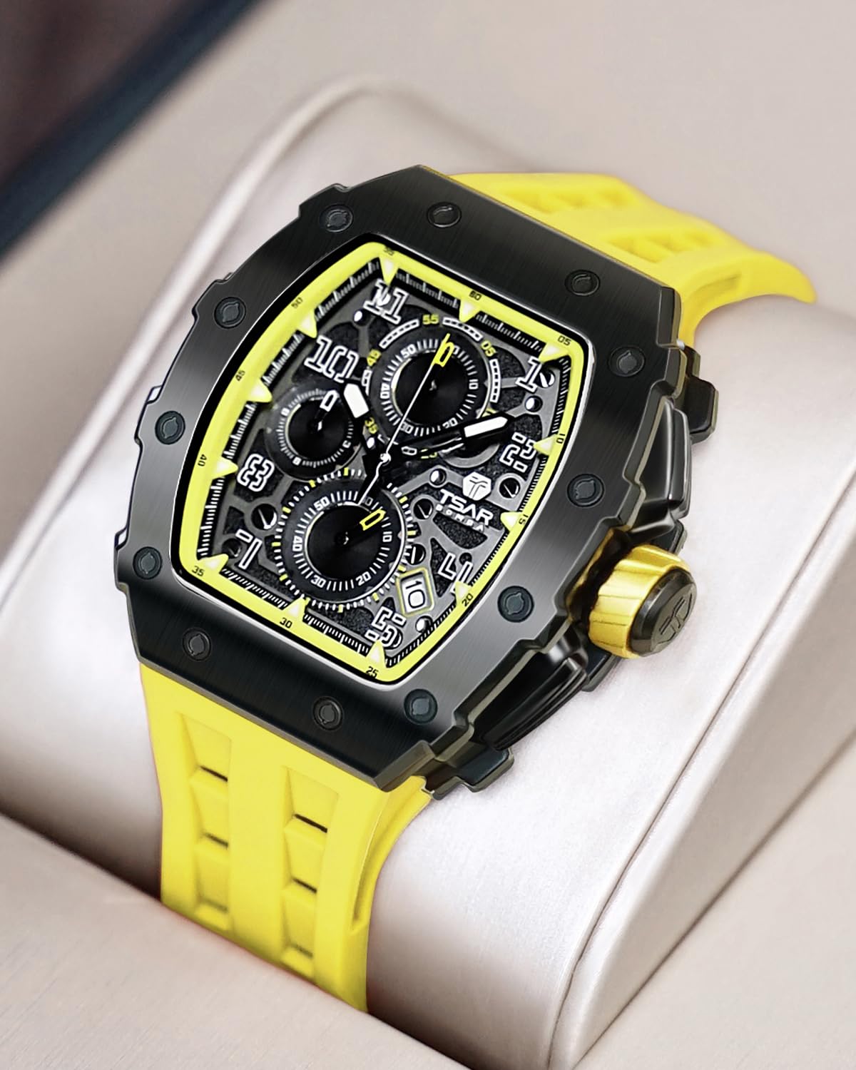 TSAR BOMBA Orologio Uomo Tonneau Design Impermeabile 50M con Cinturino in 316 Acciaio Lunetta Regalo Uomo Militare Cronografo Orologio da Design Elegante