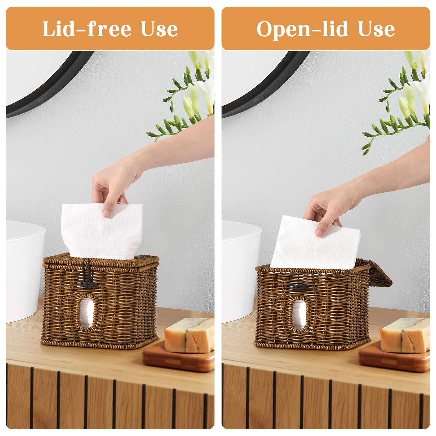 Facial Clean Skin Club Face Towels Holder for Bathroom, Plastic Rattan Disposable Face Towel Holder, Farmhouse Style for XL Face Towels Box Basket with Lid, Vintage Brown