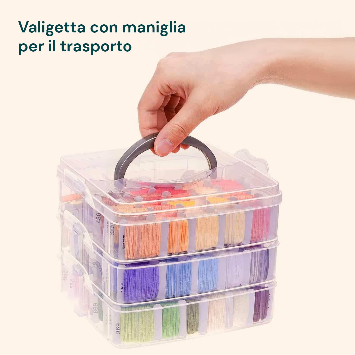 Wintem – Kit Ricamo con 150 Fili Colorati, Contenitore a 3 Livelli con 6 Scomparti, Accessori Inclusi per Punto Croce e Braccialetti, Ideale per Principianti e Ricamo Creativo