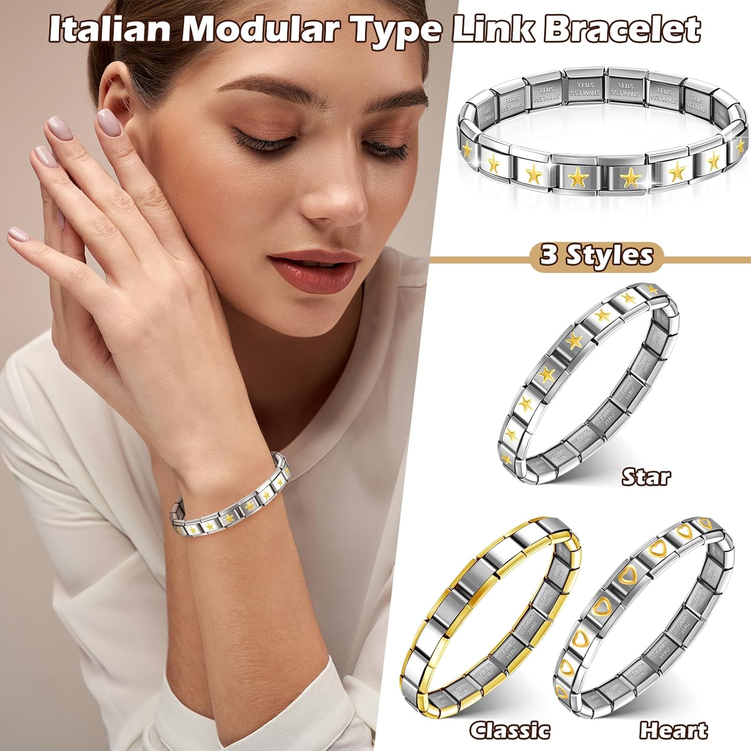 Huquary 6 Pcs Italian Charm Bracelets Shiny 9mm Starter 18 Links Stainless Steel Italian Bracelet Modular Links