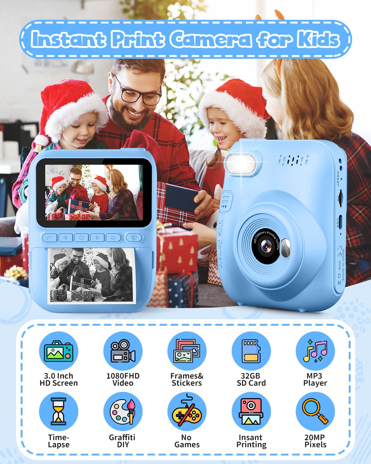 Kinderkamera Sofortbildkamera 3,0 Zoll 1080P Digitalkamera mit Druckerpapier & 32GB Karte für 3-10 Jahre Blau
