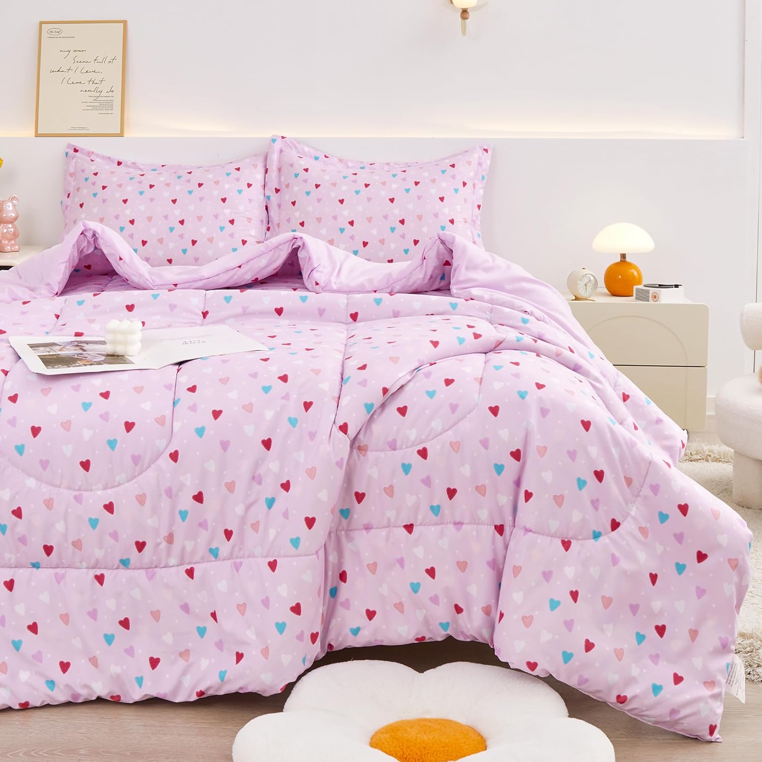 Viviland Twin Comforter Set for Girls, Kids 2 Pieces-Twin Comforter with Pillow Sham, Soft Comfortable Machine Washable (Purple Heart)
