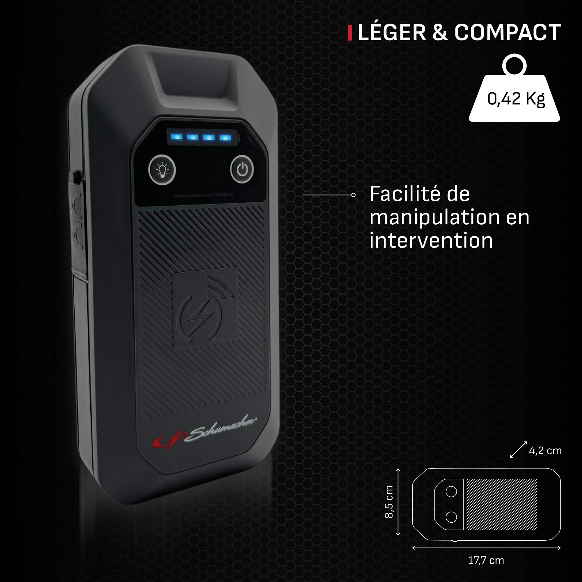 Schumacher Electric SBX504 Booster Démarreur Batterie 1000A 12V Lithium | Moteurs Essence 6L Diesel 3L, Powerbank 6400mAh, Recharge Sans Fil 10W, USB-C, Pinces Sécurisées