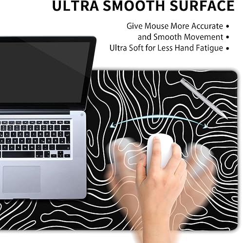 Miniatura 5 de Topographic Contour - Alfombrilla de mouse para juegos XL, alfombrilla grande para mouse negra, alfombrilla de escritorio de 31.5 x 11.8 pulgadas,