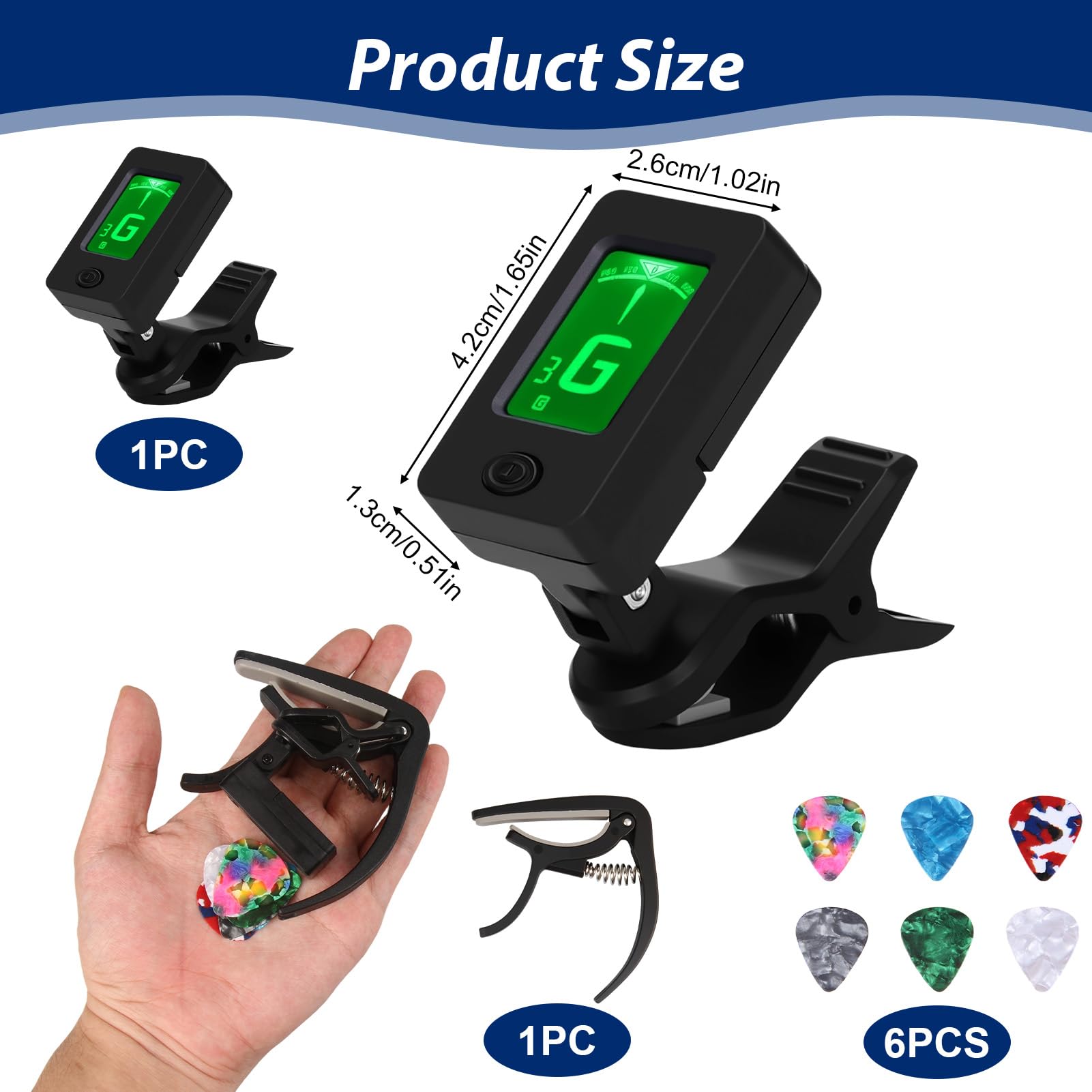 Lotnery Guitar Tuner and Guitar Capo Set including 6 Celluloid Picks (0.46mm), Clip-On Digital Tuner - Image 2