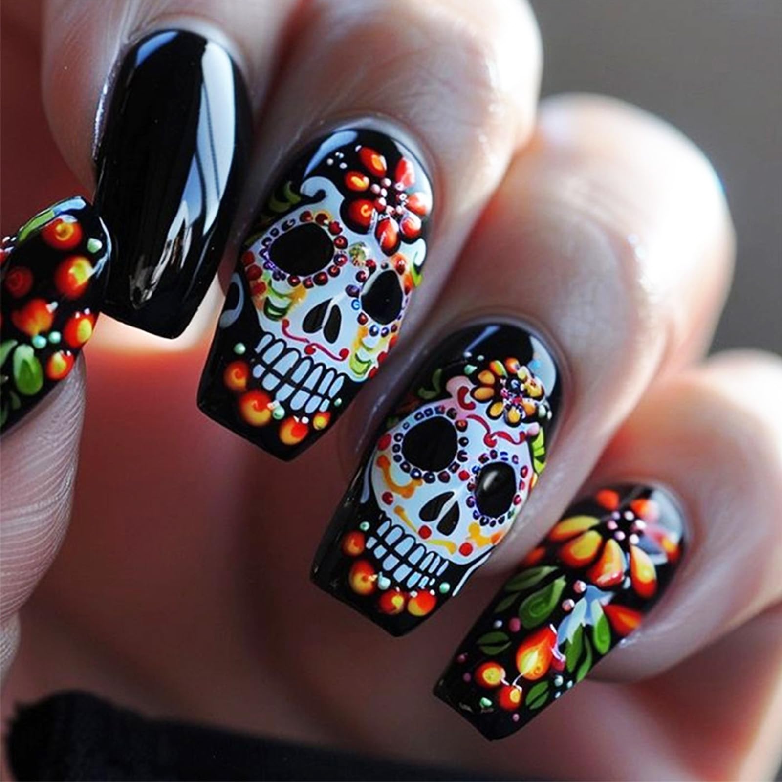Day of the Dead Medium Coffin False Nails Skull Stick on Fingernails Halloween Press on Nails Green Leave Gel Glue on Nail Glossy Colorful Flower