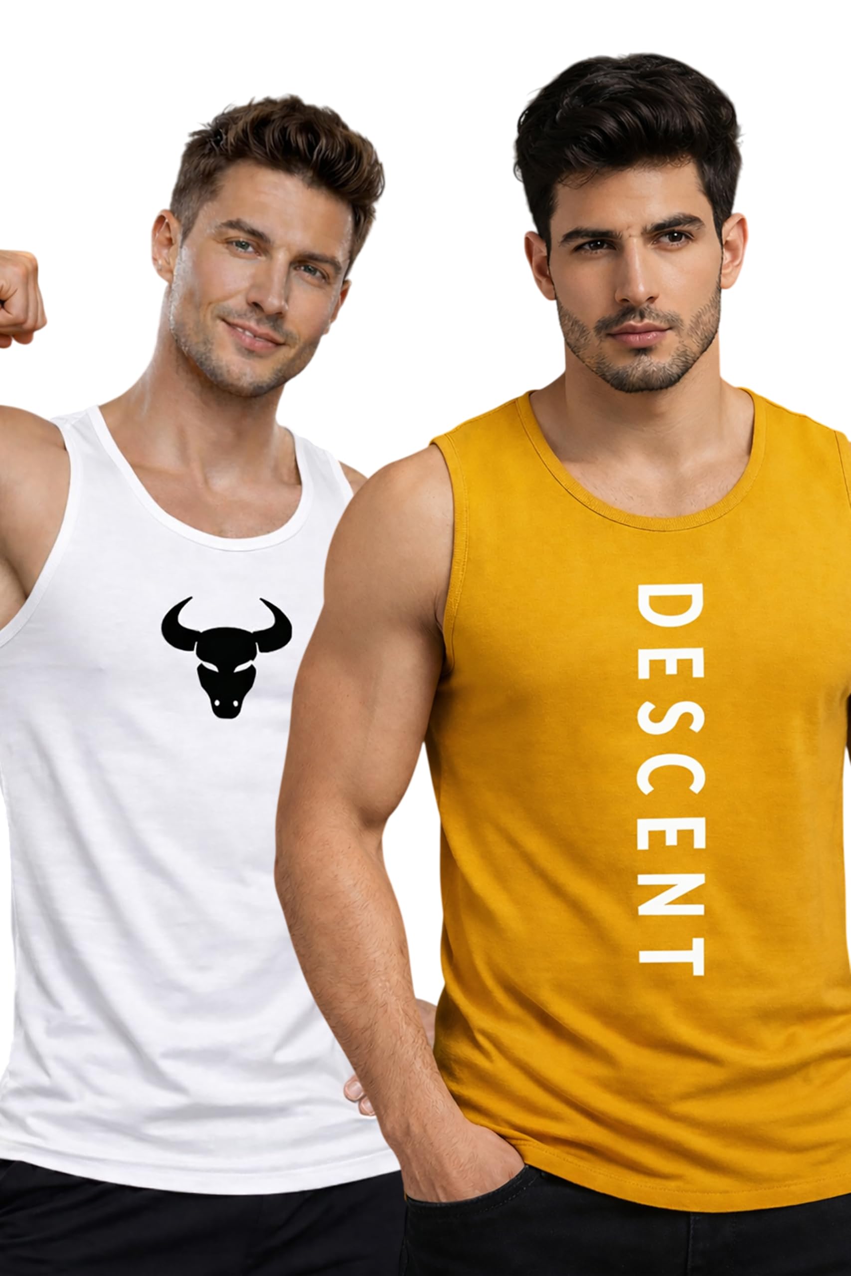 Polyester Letter Printed Vest for Men - Pack of 2 - Yellow & White | Round Neck | Sleeveless | Regular Fit | Summer & Gym Wear Tank Top for Men-image-43