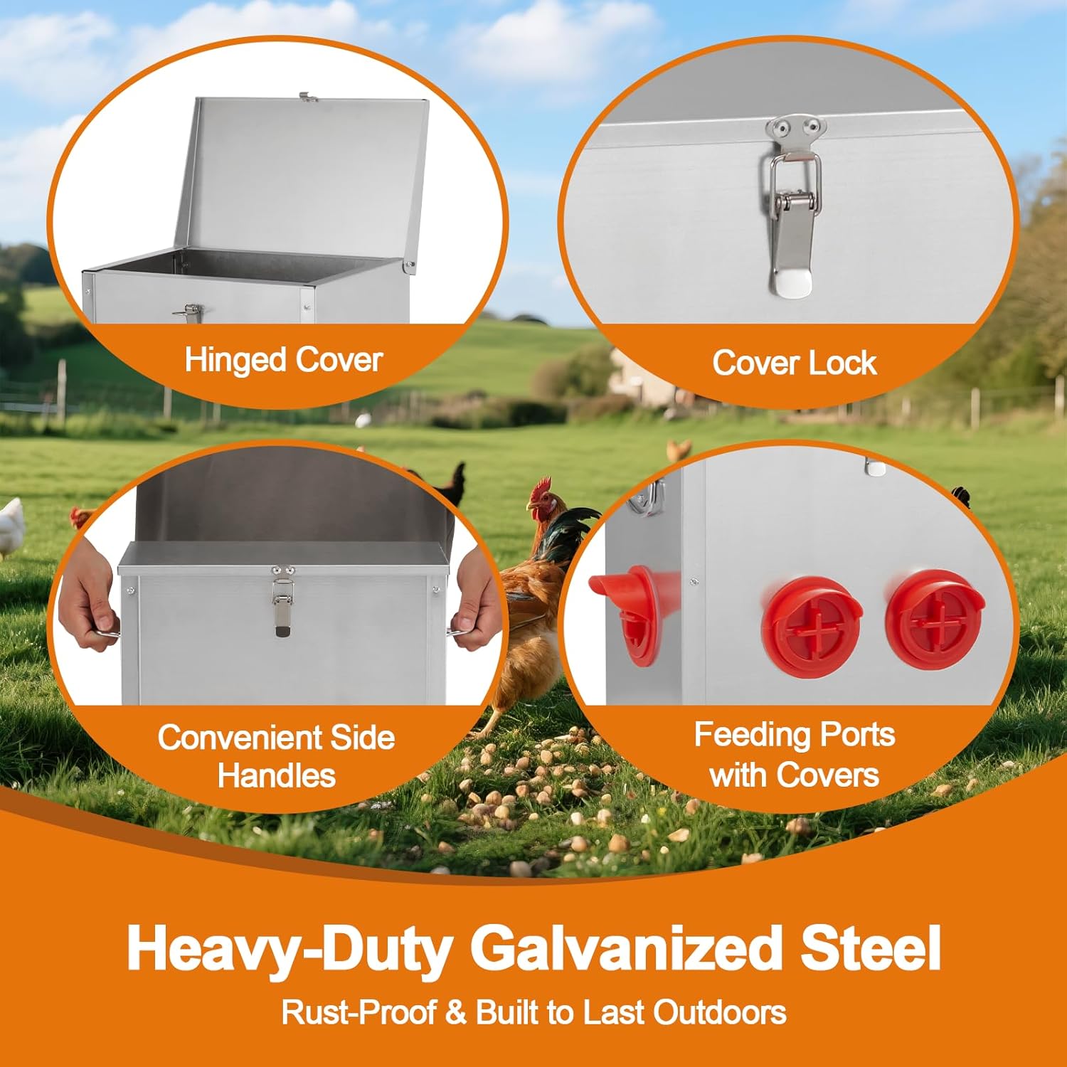 Automatic Chicken Feeder 25lbs Capacity, Galvanized Metal Poultry Feeding Equipment with 4 Ports, Rainproof & Rodent Proof Chicken Food Dispenser for Backyard Coop & Farm Use