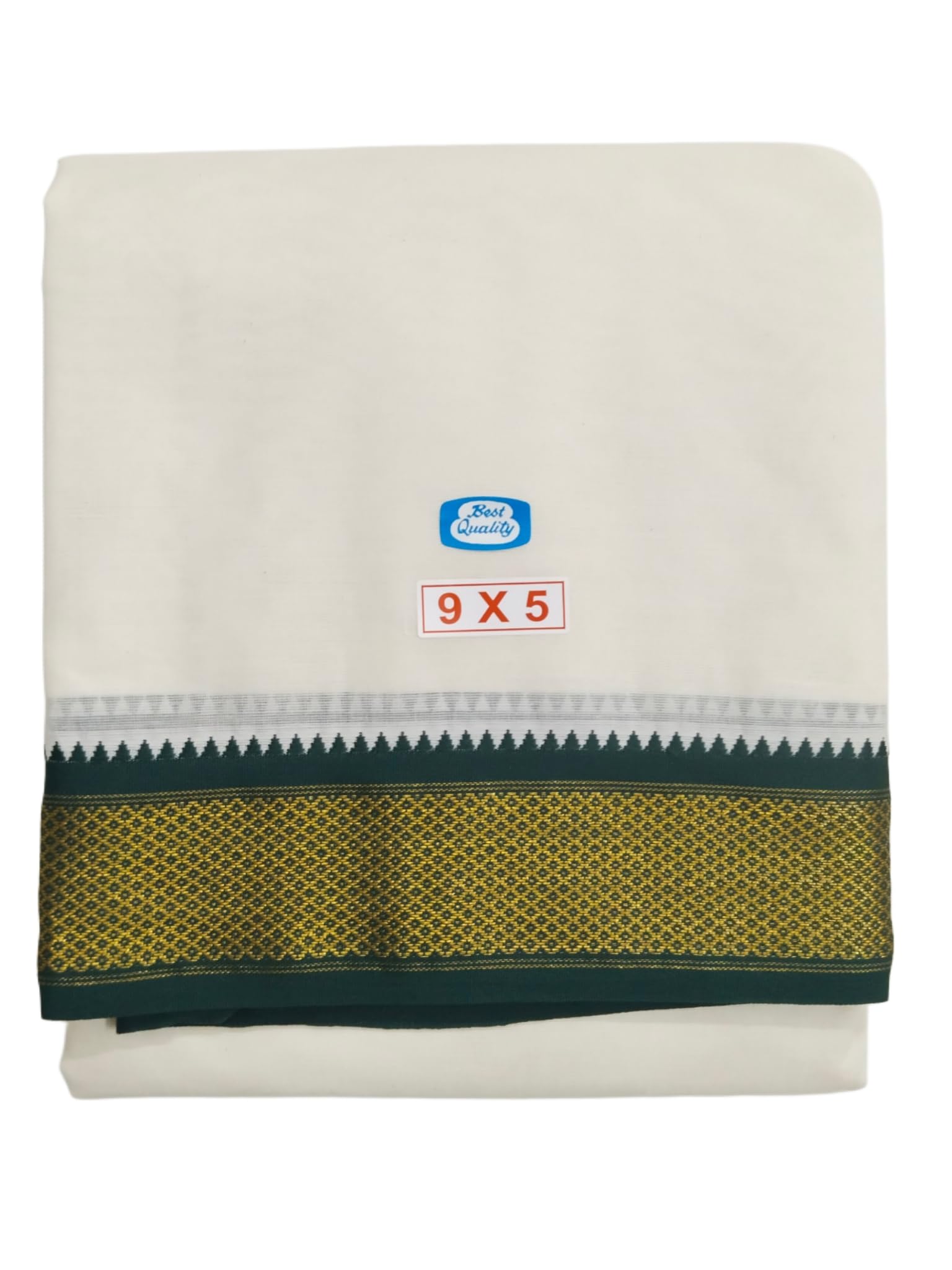 Traditional Mens Pure Cotton 10 Mayilkan Dhoti with Angavashtram, 9x5 Size, Green & Maroon-Gold Zari Border, Cream Off White, 4 Metres Dhoti with 2.25 Metres Angavashtram,9+5 Panchakecham