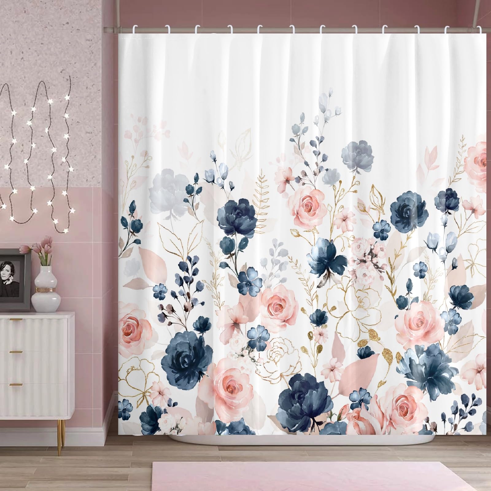 Cortina de ducha extra larga con diseño floral azul marino y rosa, 72 x 84 pulgadas, cortina de ducha de tela impermeable con 12 ganchos