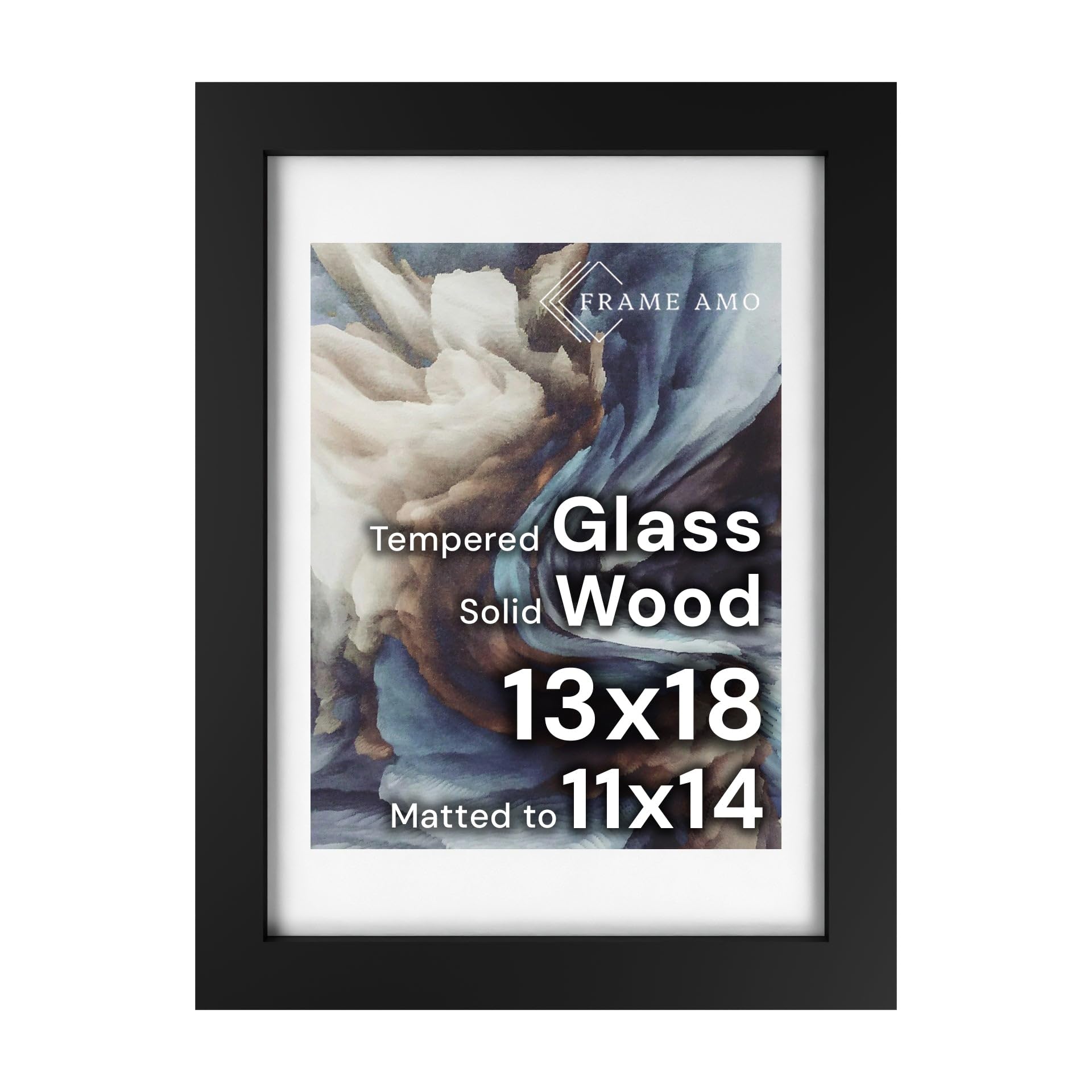 13x18 Black Solid Wood Poster Frame, White Mat for 11x14 Image, Tempered Glass Front, 1.5 inch Wide, 1 inch Thick, High-End, Heavy-Duty, Gallery Grade & Acid-Free
