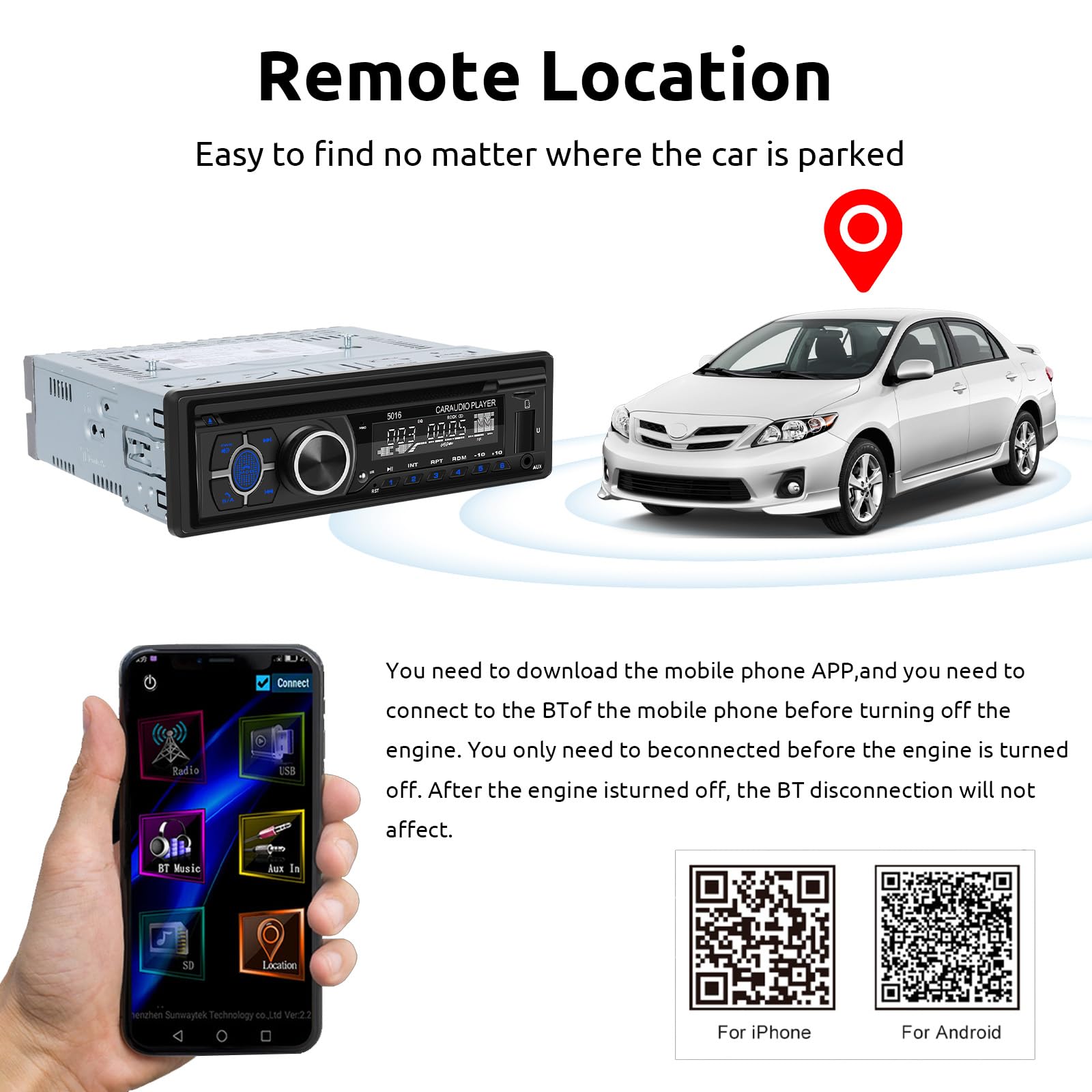 Podofo Radio Auto 1 DIN Radio FM/AM, Lecteur DVD/CD Musique Bluetooth Appels téléphoniques Mains Libres APP Locate EQ Entrée USB/TF Lecteur MP3 Auto