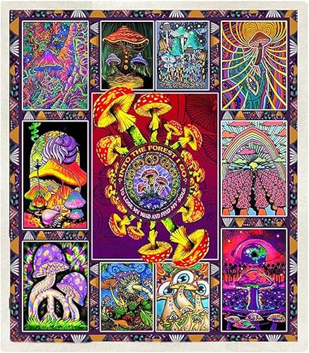 Miniatura 8 de Manta de hongos, manta de plantas hippie para sofá, mantas coloridas de vellón sherpa, manta de algodón suave y mullido de lana (morado clásico, (51