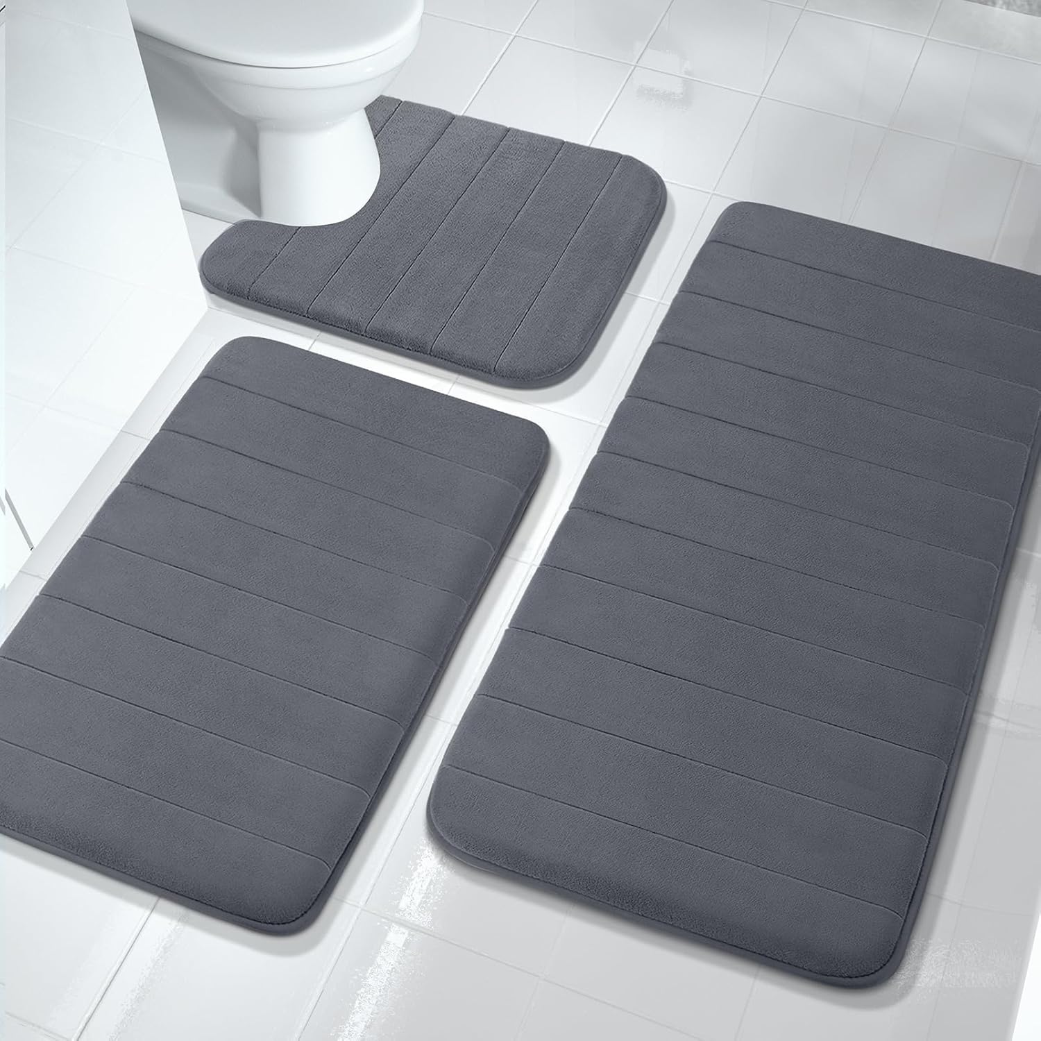 yimobra 3 pieces memory foam bath mat sets, 44.1x24 + 31.5x19.8 and u-shaped for bathroom rugs, toilet mats, non-slip, soft comfortable, water absorption, machine washable, dark gray dark gray 44.1''x24'' + 31.5''x19.8'' + 24.4''x20.2''