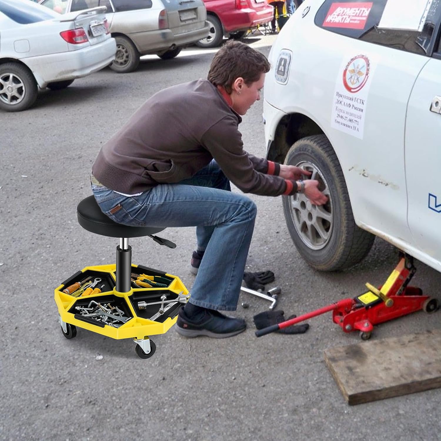 Adjustable Mechanic Rolling Stool, Pneumatic Rolling Stools with Wheels, Tool Storage Tray & Padded Seat Cushion, Garage Stool Chairs Creeper Seat (Yellow)