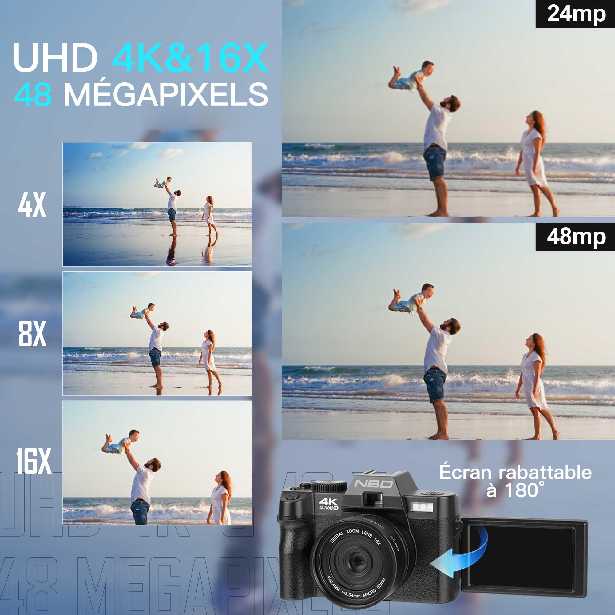 NBD Appareil Photo numérique 4K 48 MP autofocus avec Grand Angle et Macro, Zoom 16x, Carte 32 Go et Microphone, Écran IPS 3" 180°, WiFi (Noir)