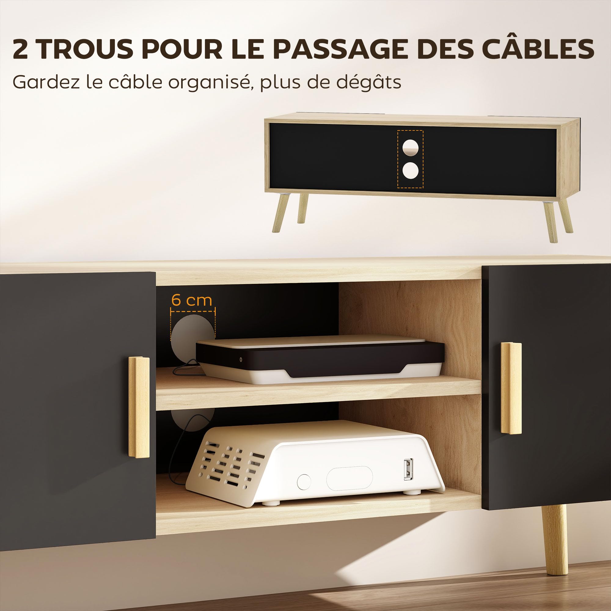 HOMCOM Meuble TV Meuble télé Bois Banc TV jusqu'à 50 Pouces avec étagères, 2 placards et Passe-câbles pour Salon, Chambre à Coucher, 110 x 36,2 x 42 cm, chêne et Noir
