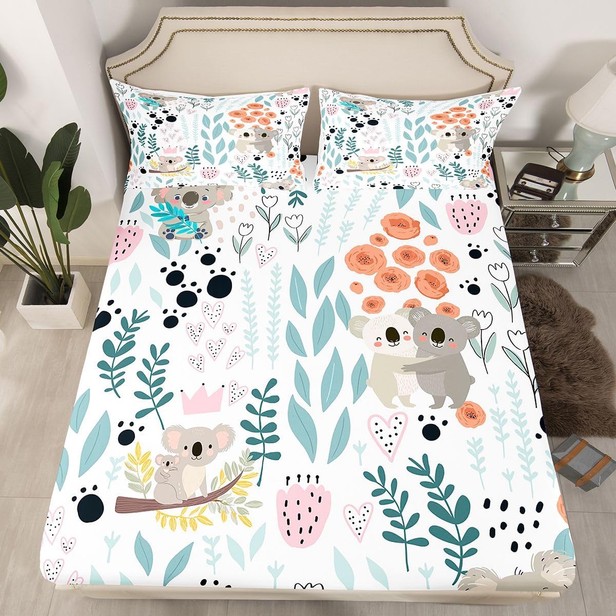 Erosebridal Kawaii Koala Fitted Sheet,Cartoon Koala Bedding Set Full,Cute Love Heart Leaves Flowers Bed Sheets for Kids Girls Boys,Paw Print Animal Bed Cover with 2 Pillow Cases