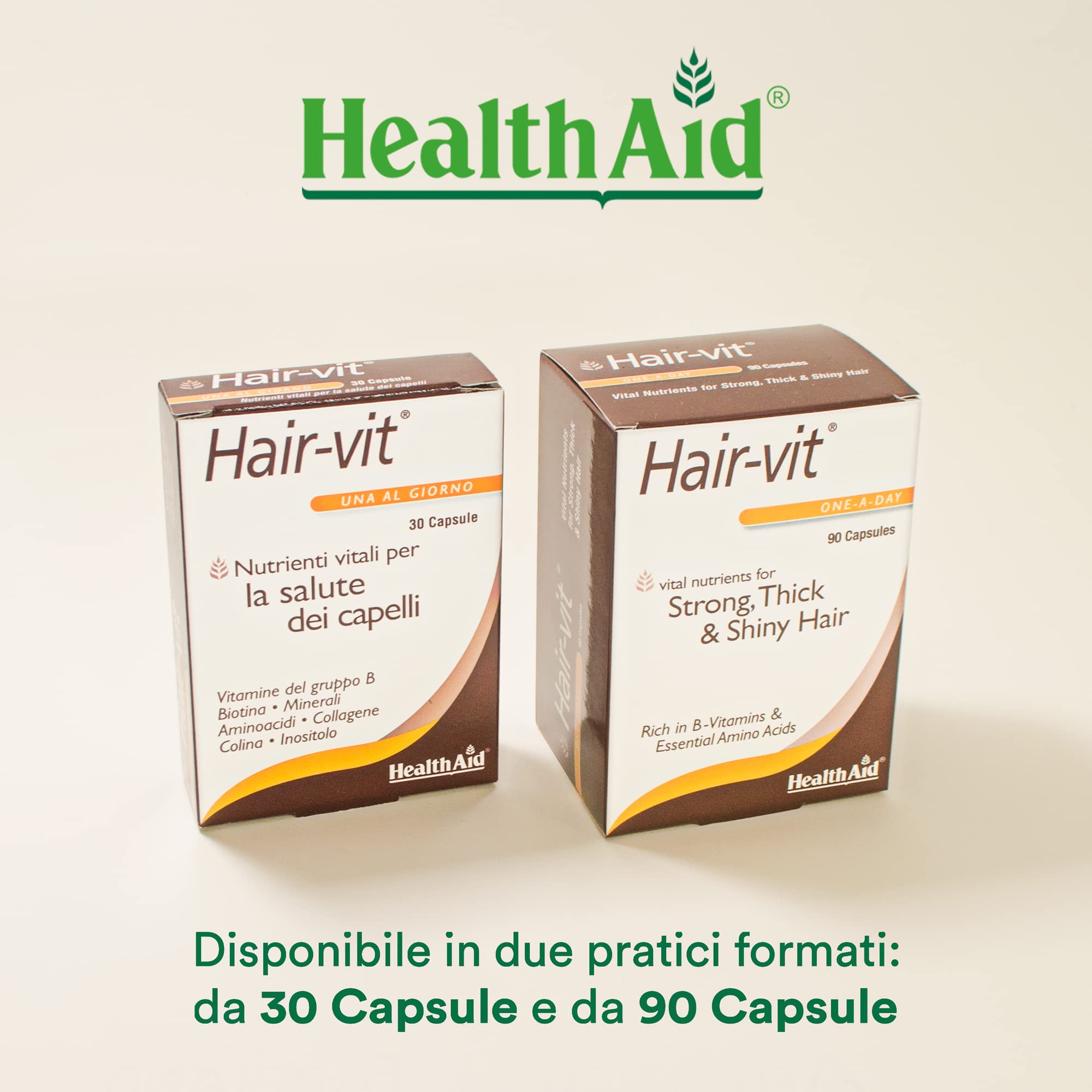 HealthAid Hair-vit - Integratore Capelli Uomo e Donna - Formula Potenziata con Collagene Marino e Gelatina Idrolizzata -Vitamine per Capelli, 90 Capsule Softgel