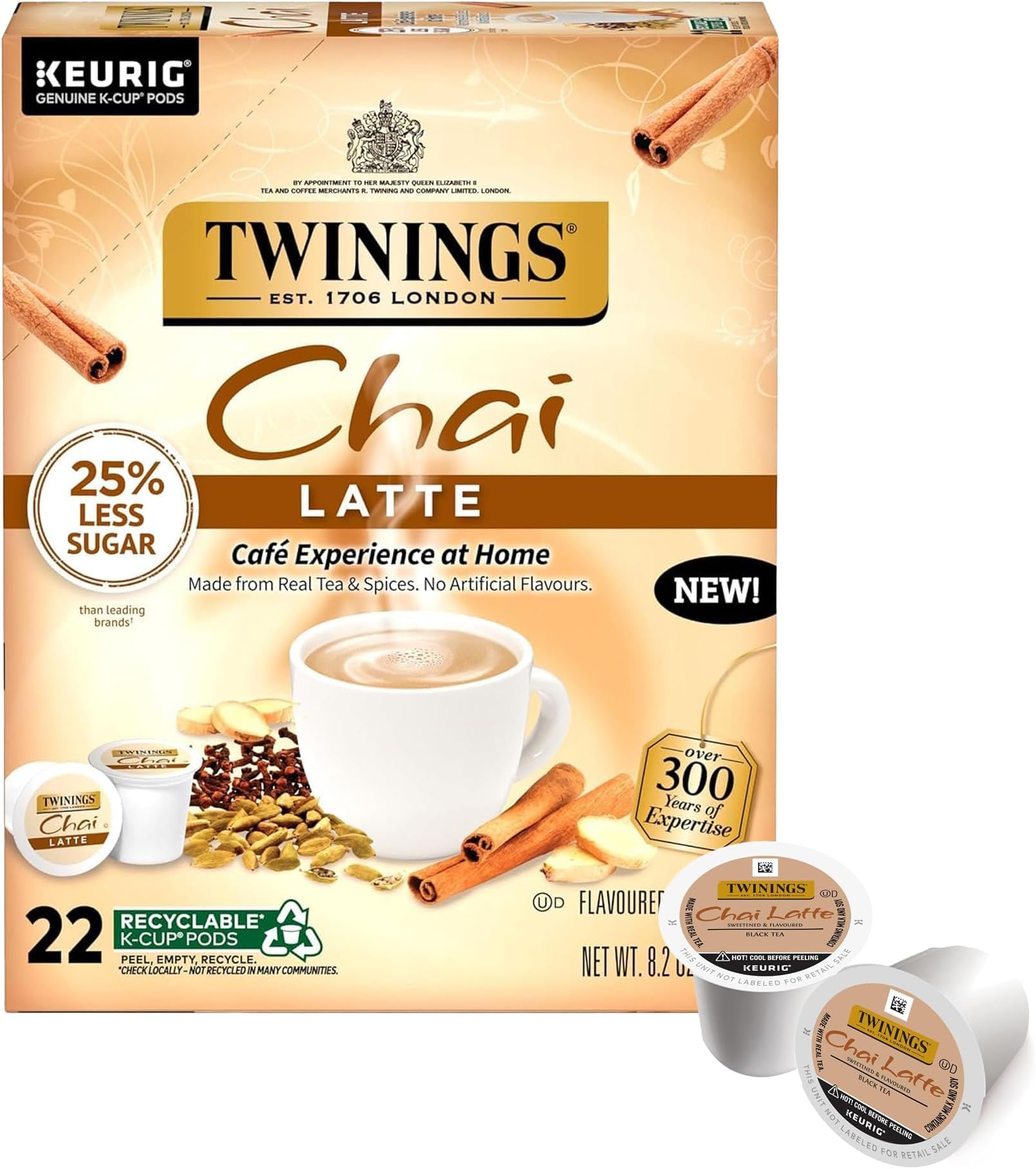 Twinings NEW Chai Latte Tea K-Cup Pod for Keurig, Creamy, Slightly Sweet with 25% Sugar, Caffeinated, 22 Count (Pack of 1)