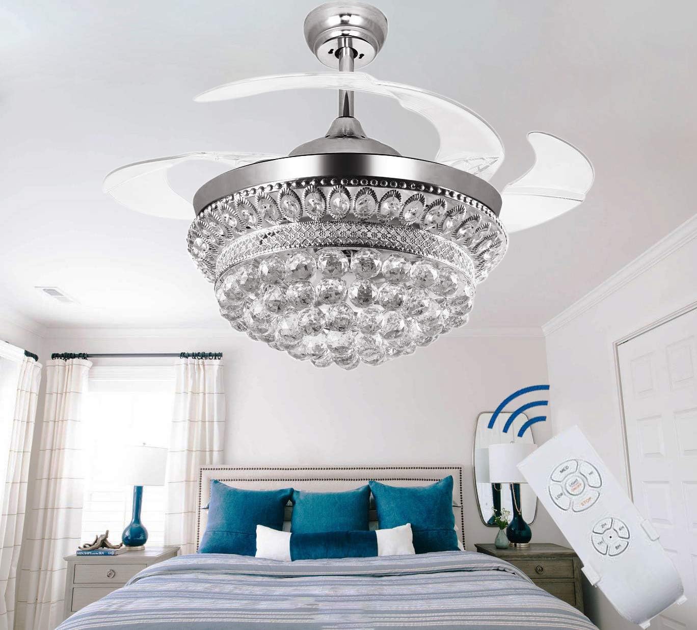 Black Friday - 80% OFF Crystal Chandelier Fandelier Chrome Ceiling Fan 42 Inch with Retractable invisible Blades and 3 Changing LED Light Color Ceiling Fan Light for Indoor, Living Room, Dining Room, Bedroom