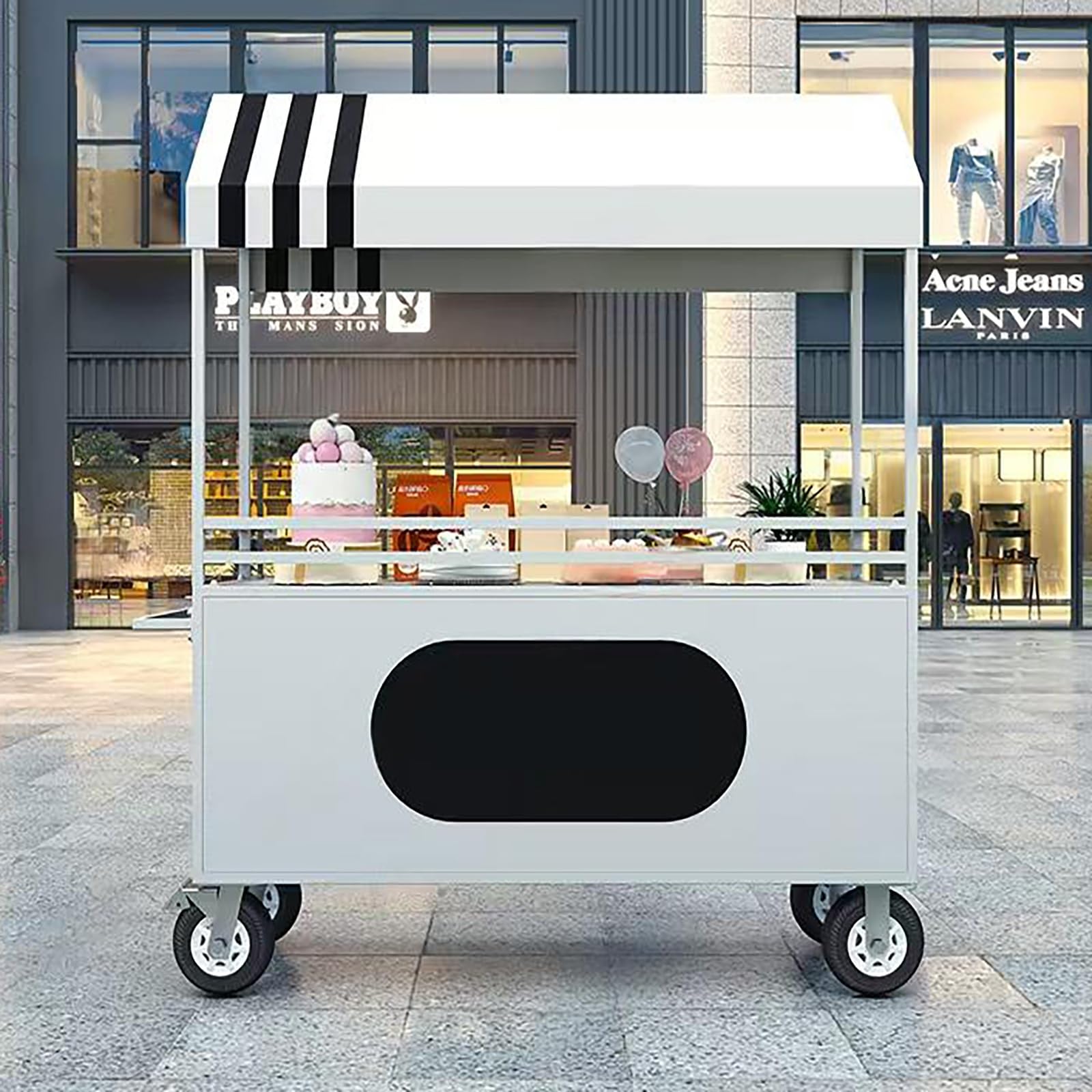 Carrello portatile per alimenti con tettoia, supporto mobile per vendite stradali, bancarella del mercato del ferro con scatola portaoggetti per fiere ed eventi