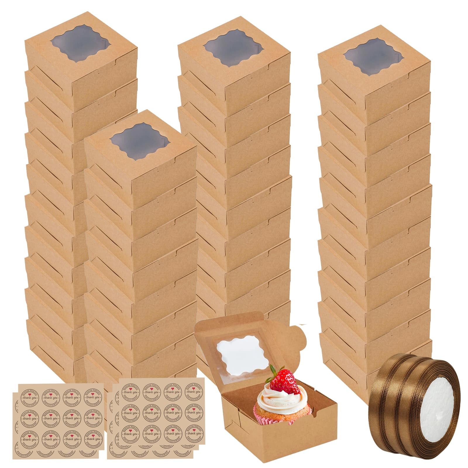DYUEE 50 Pack Cake Boxes for Cake Portion Brown Cupcake Boxes with 60 Stickers, 3 Rolls of Ribbon