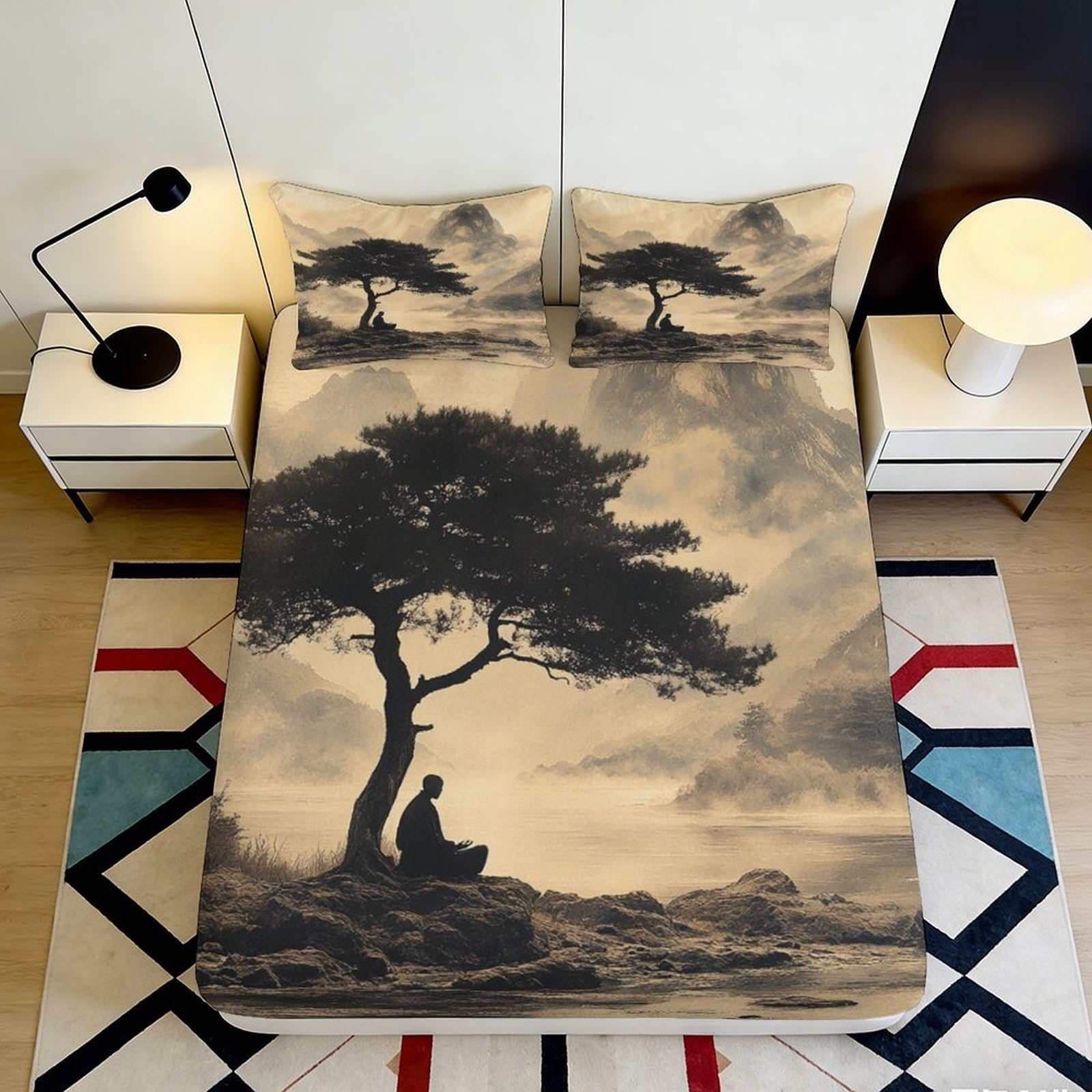 3D Printed Tree Silhouette Fitted Sheet Microfiber Soft Artistic Night Scene Mattress Cover for Bedroom Decor 90x200x25cm