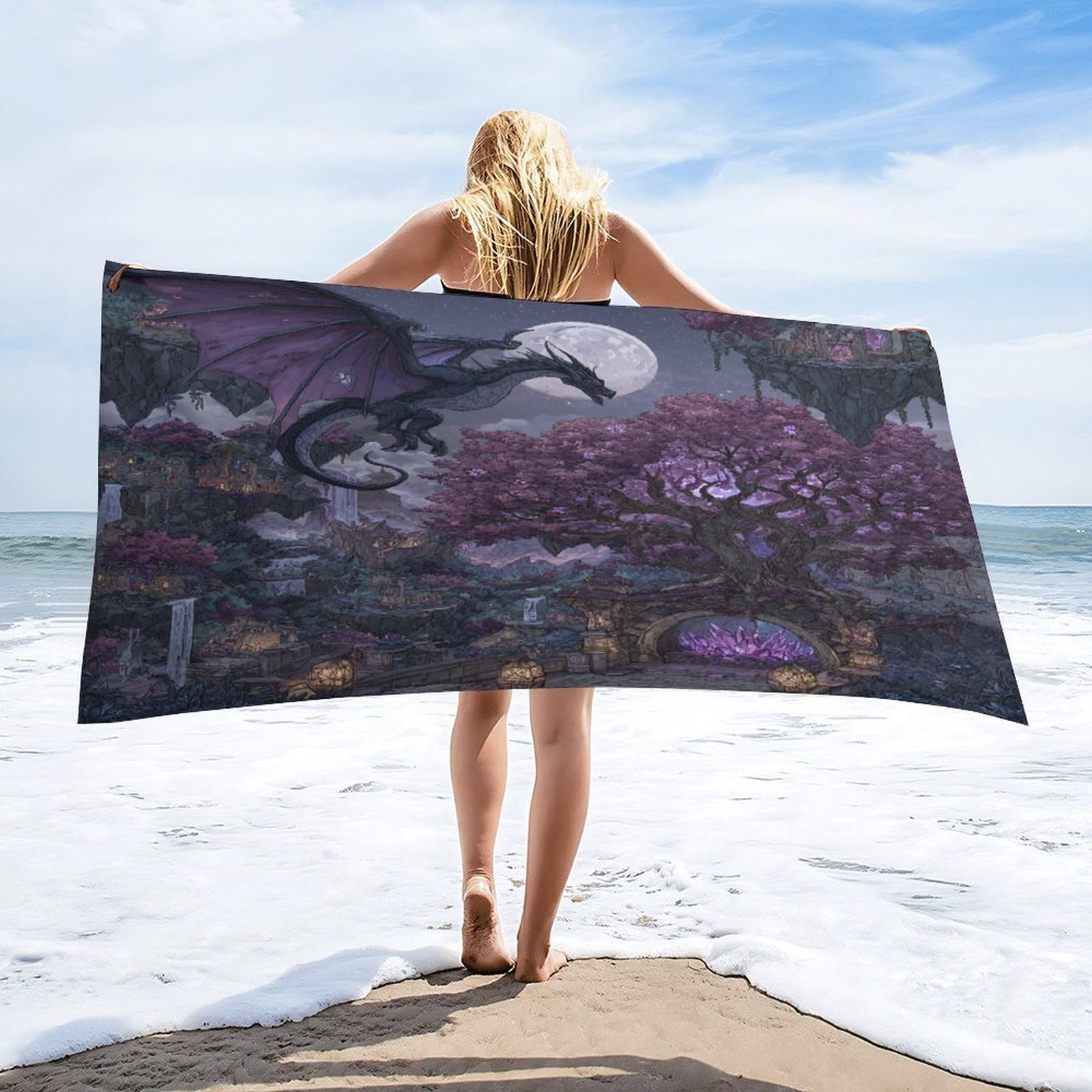 Luyysky Classic Rustic Western Dragon Quick-Drying Beach Towel, Mid Century Realistic Gothic Full Moon Fantasy Animal Dragon Travel Vacation Single Sided Pile Bathroom Towels-80 W Cm X 160" L Cm