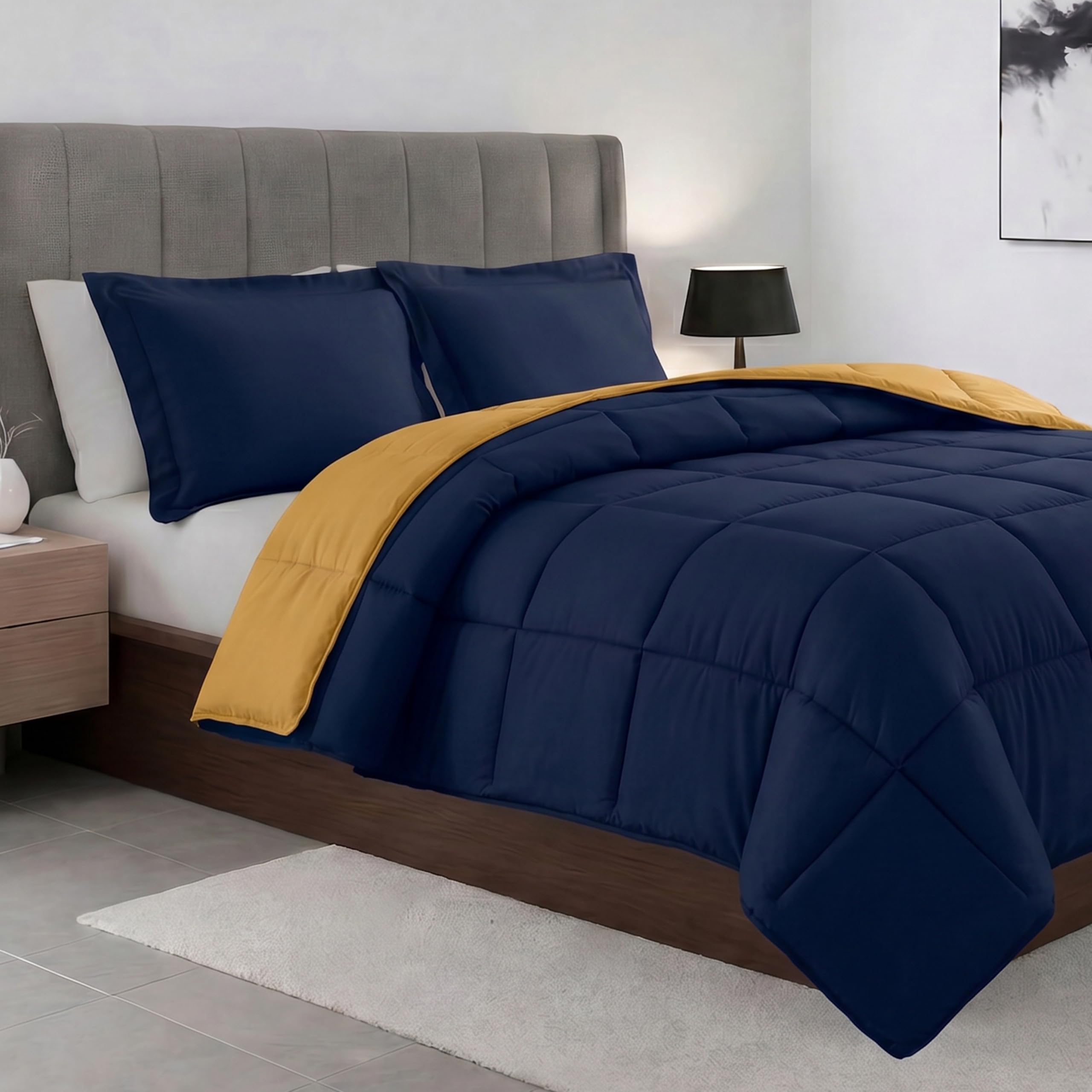 Elegant Comfort All Season Quilted 3-Piece Reversible Comforter Set-Duvet Insert with 4 Corner Tabs, Box Stitched Down Alternative, Cozy and Soft Comforter Set with Shams, Twin, Navy/Yellow