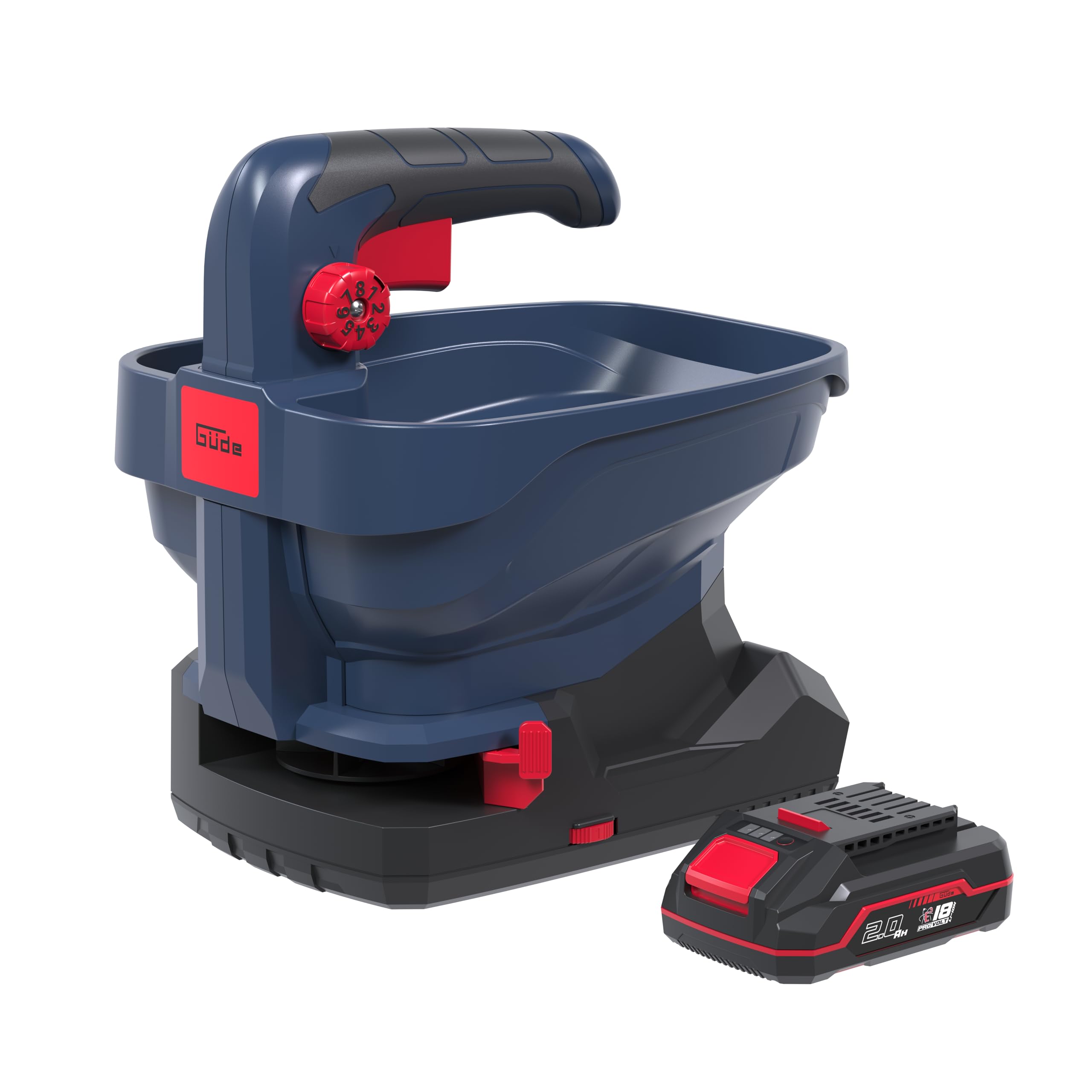 Güde Épandeur Universel sans Fil GUS 18-201-05 (18 V, Li-ION, Largeur d'épandage de 5 m, 6 Vitesses, 8 Modes d'épandage, 6 Angles d'épandage, capacité de 3,3 litres, avec Batterie 2 Ah et Chargeur)