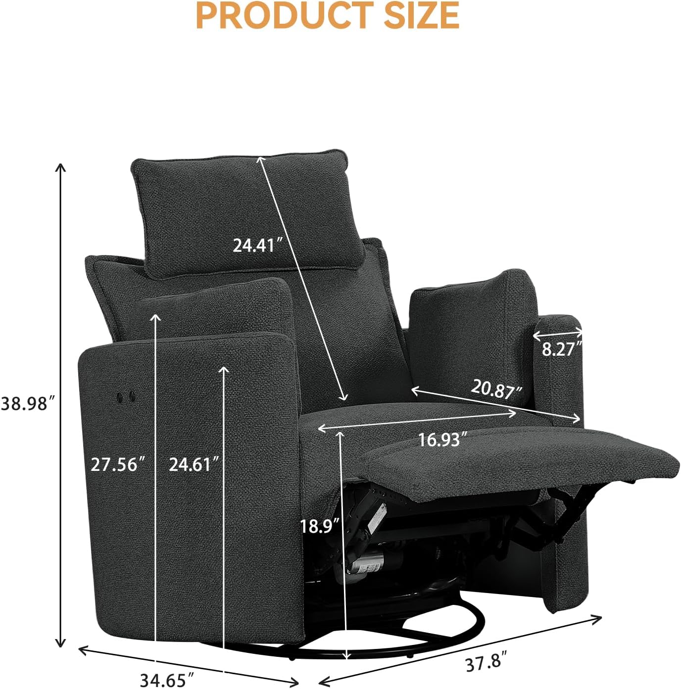 Power Swivel Rocker Recliner, Glider Nursery Chair for Adults, Modern Leisure Sofa Chair with 2 Pillows for Small Spaces, Bedroom, Living Room, Beige (Dark Grey)