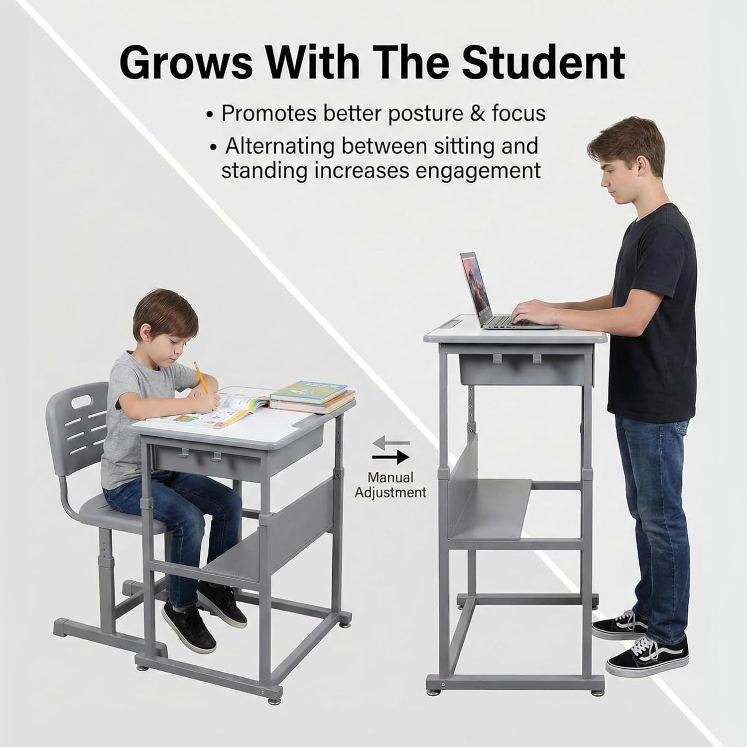 Luxor Student-M Student Desk - Manual Adjustable Desk, Ample Storage with Open Book Box and Shelf, 27.5"W x 19.5"D x 24.5" to 42"H