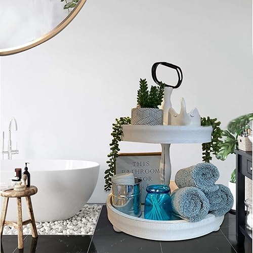 Miniatura 4 de Hermosa bandeja decorativa de madera blanca envejecida de dos niveles, soporte de bandeja escalonada, bandeja de dos niveles, bandeja de madera de 2