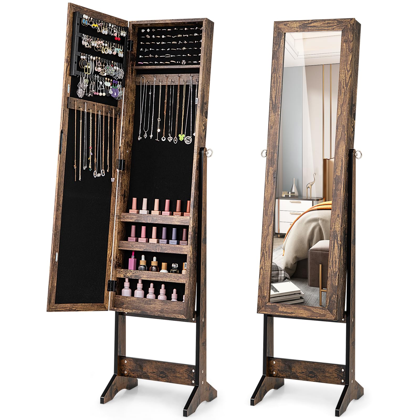 LOKO Freestanding Jewelry Armoire Cabinet, Jewelry Organizer with Full Length Mirror, Standing Makeup Mirror Cabinet with 3 Adjustable Angles & Large