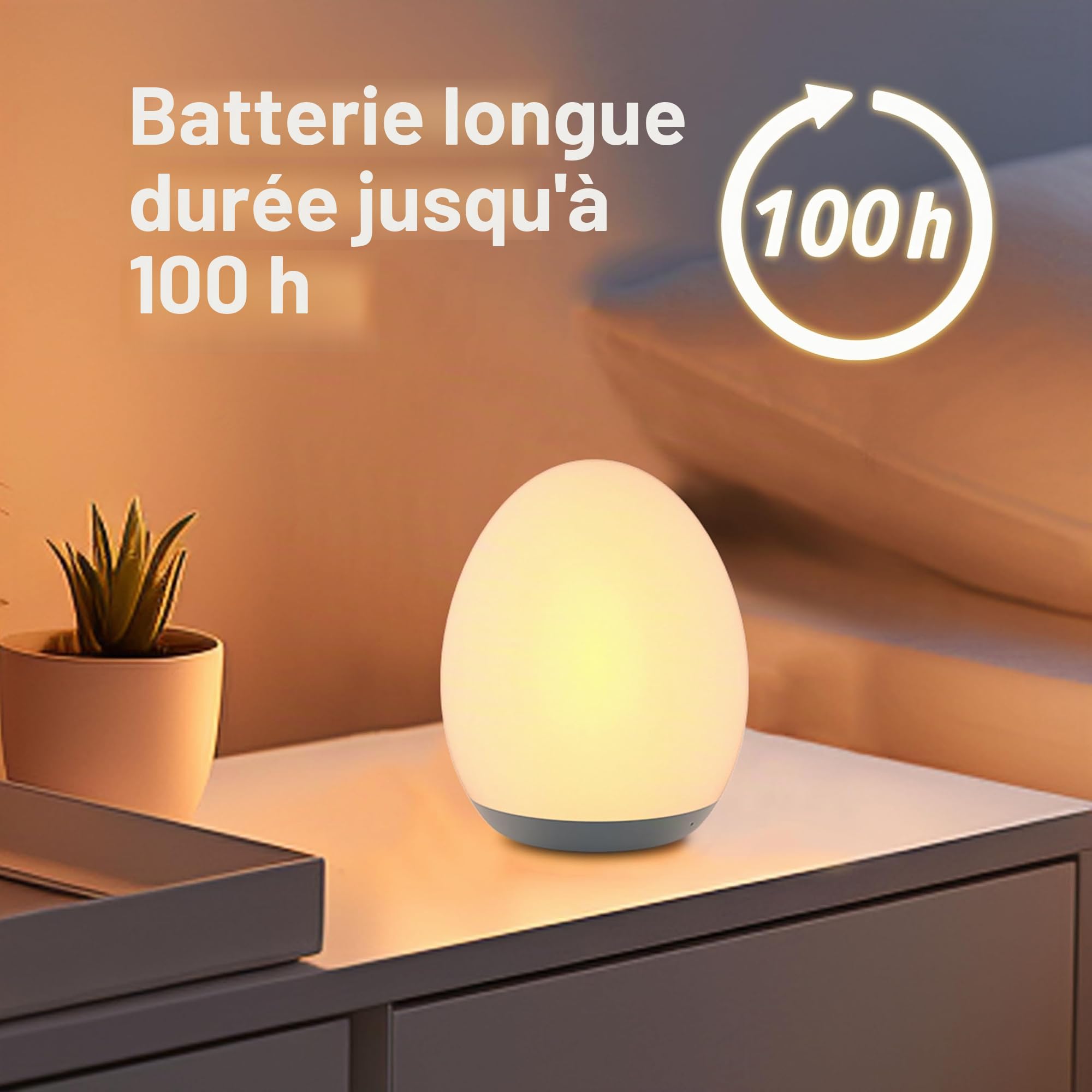 Veilleuse pour enfants, veilleuse pour bébé avec 8 modes de changement de couleur et fonction de gradation, veilleuse œuf rechargeable pour bébé avec minuterie d'une heure et contrôle tactile
